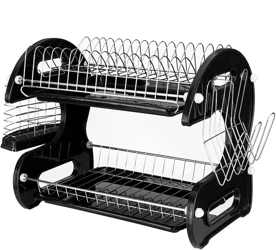 Multifunctional Dual Layers Bowls & Dishes & Chopsticks & Spoons Collection Shelf Dish Drainer Dish Rack, Black