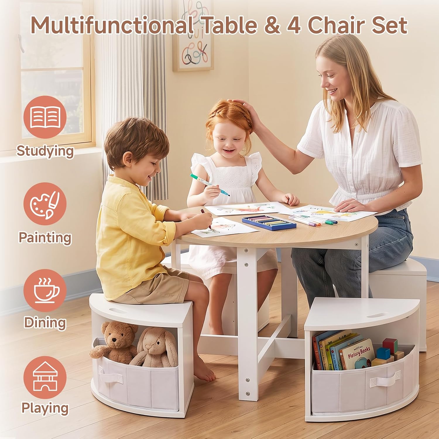 INFANS Kids Table and Chair Set,Wooden Round Desk with 4 Storage Drawers