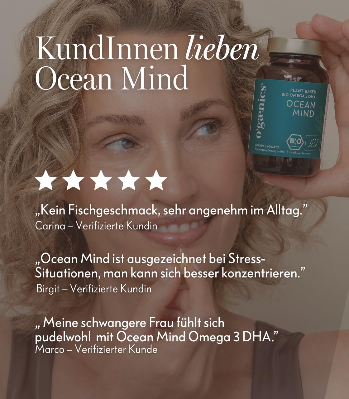 Ogaenics OCEAN MIND Bio Omega 3 DHA Kapseln aus Algen – 250 mg DHA pro Kapsel – veganes Algenöl als Alternative zu Fischöl – für Gehirn, Sehkraft, Schwangerschaft und Stillzeit - 60 Kapseln