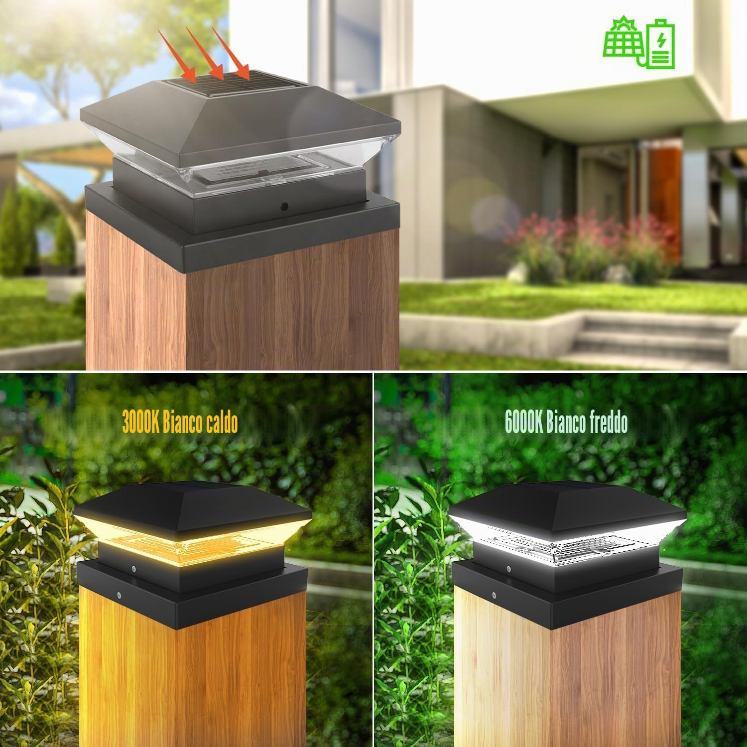 NATPOW Luce Solare Pilastro, 4 Pezzi 3000K/6000K Solare Pilastro Giardino, Auto ON/OFF Solari Esterno Giardino, IP65 Impermeabile per Patio Recinzione Pali