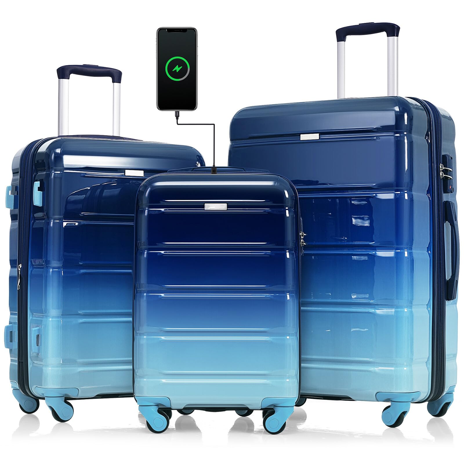 Luggage Set of 3, 20-inch with USB Port, Airline Certified Carry-on Luggage, ABS+PC Hard Shell Luggage with Spinner Wheels, Gradient Blue