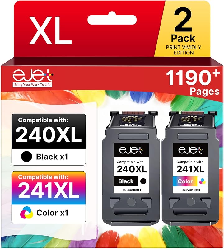 PG-240XL/CL-241XL Ink Cartridge Replacement for Canon 240XL 241XL Combo Pack 240 241 High Capacity for Canon Pixma MG3620 MG3600 TS5120 TS5100 MG3520 MG3220 MX532 MX452 MX472 (Black, Tri-Color)