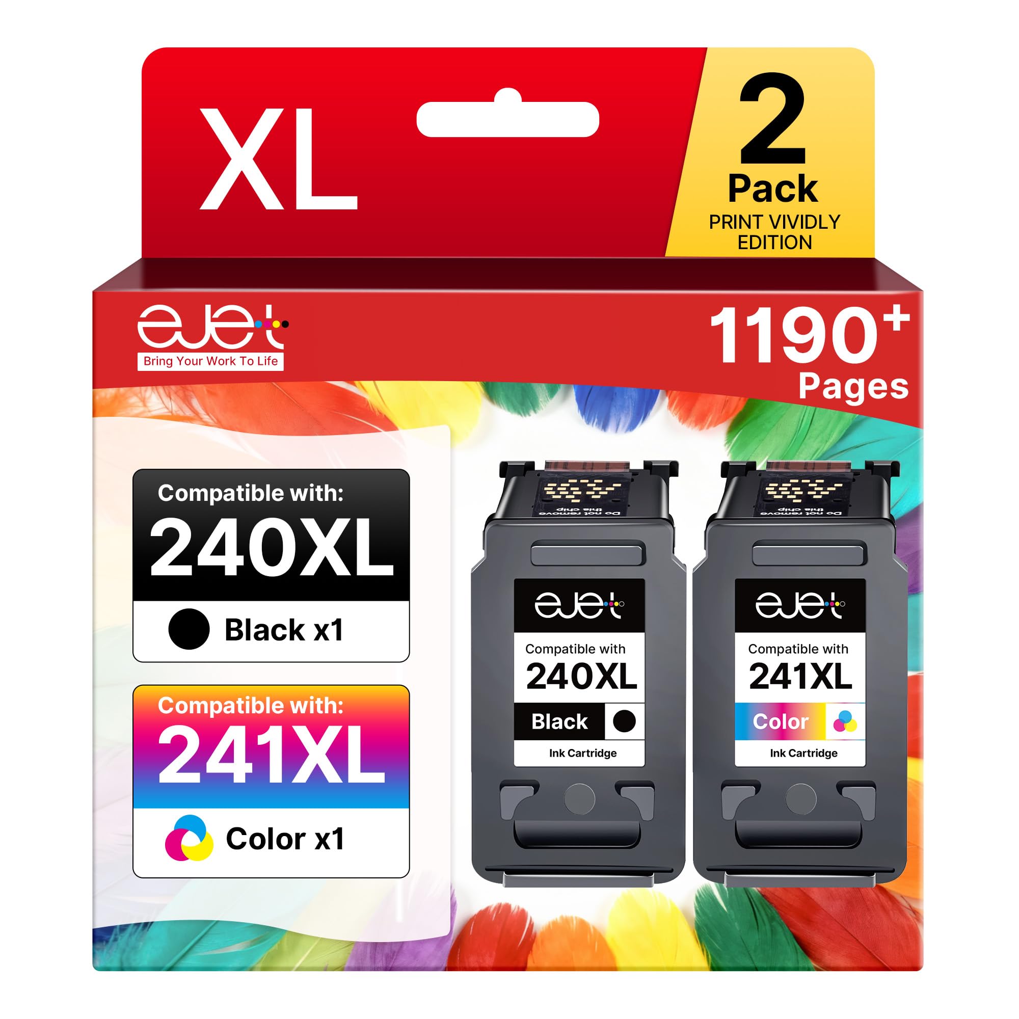 PG-240XL/CL-241XL Ink Cartridge Replacement for Canon 240XL 241XL Combo Pack 240 241 High Capacity for Canon Pixma MG3620 MG3600 TS5120 TS5100 MG3520 MG3220 MX532 MX452 MX472 (Black, Tri-Color)