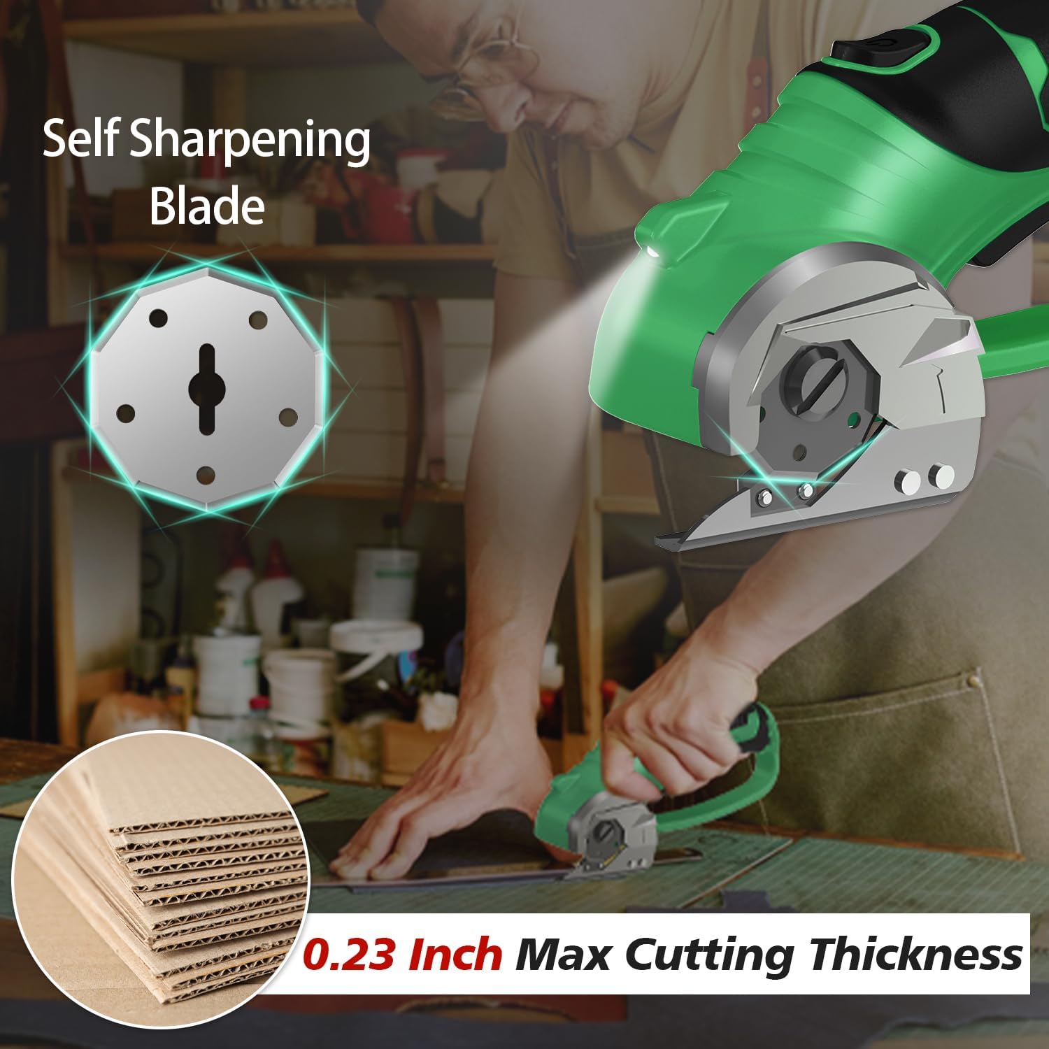 Cordless Electric Scissors, 4V Rechargeable Box Cutter & Cardboard Cutter with Titanium Blade, LED Light, Safety Lock - Rotary Cutter for Fabric, Leather, Plastic, Crafting, Sewing(Bright Green) Bright Green-boxed Box Cutter