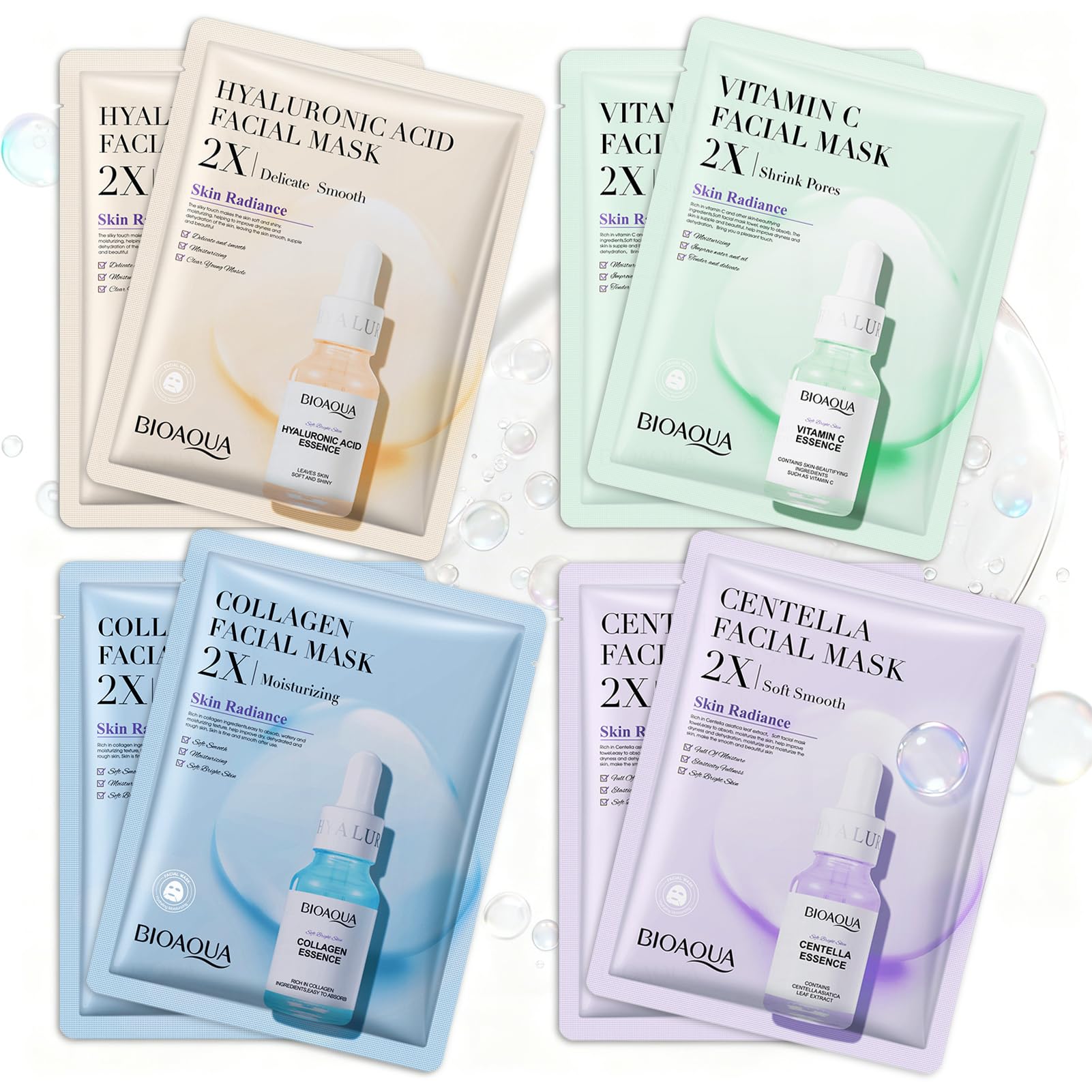 8 Stück Essence Hydrating Sheet Face Mask Set, Collagen Maske, Hyaluron Maske Gesicht, Gesichtsmaske Frauen con Vitamin C, Centella Asiatica Extrakt, Feuchtigkeit, Anti-Falten