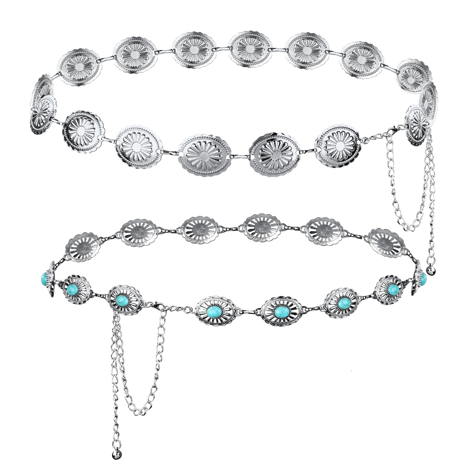 LUTER2pcs Western Concho Belts for Women, Adjustable Chain Belt with  Turquoise Silver Western Belt Belly Chain Waist Chain Concho Belt for  Dress,