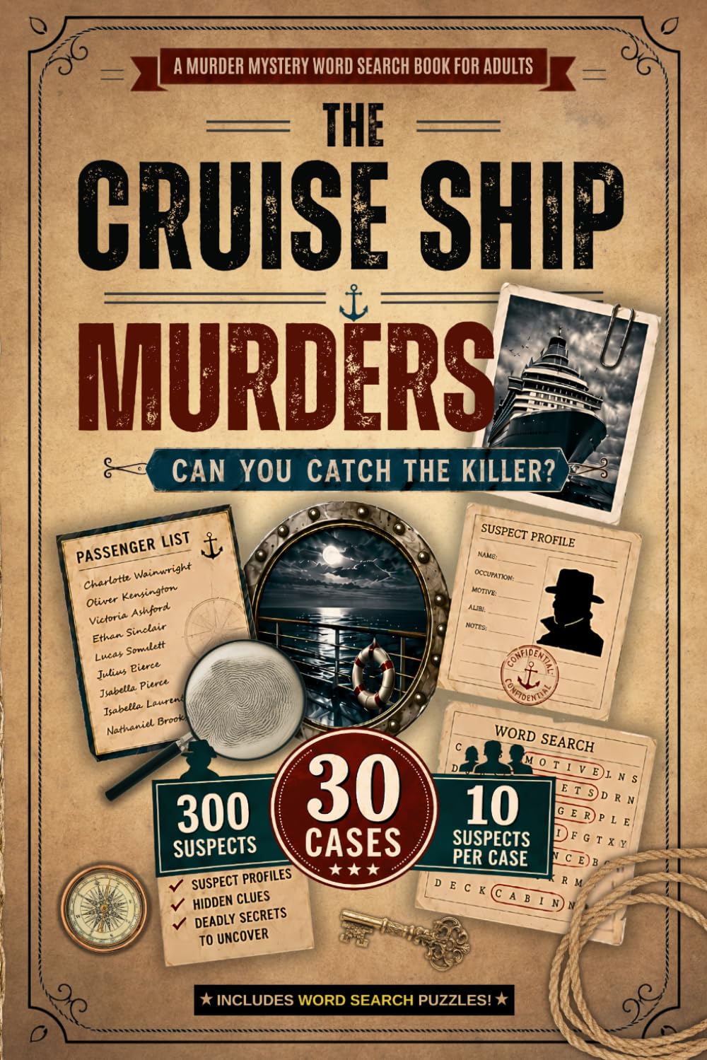 The Cruise Ship Murders: A Murder Mystery Word Search Puzzle Book for Adults with 30 Cruise Ship Cases, 300 Suspects, Hidden Clues and Detective Logic Puzzles (Hidden Clue Murder Mysteries)