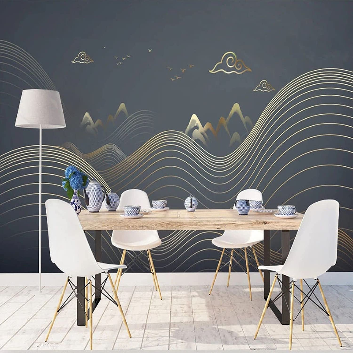 Mural De Pared Foto De Pared 3D Pelar Y Pegar Papel Pintado Autoadhesivo Pegatina Removible Paisaje De Tinta De Línea Dorada Decoración Del Hogar Fondo De Tv Pintura De Pared A 250(ancho)x175(alto) cm