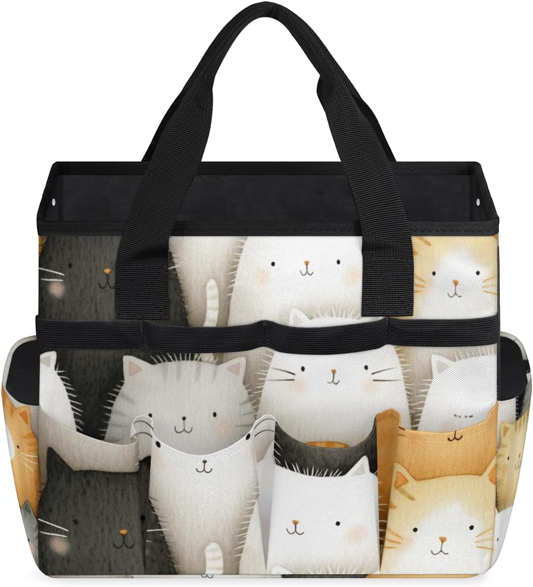 Cute Tiny Cat Garden Tool Bag Tote for Men Women Multiple Pockets Wide Mouth Heavy Duty Waterproof Tool Organizer Bag for Outdoor Lawn Yard Portable Gardening Storage With Elasticbands