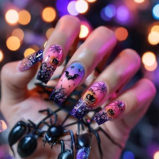 Halloween Medium Coffin False Nails Black Bat Press on Nails Spider Web Gel Glue on Nail 24Pcs Skull Stick on Fingernails Glossy Orange Pumpkins Acrylic Fake Nail for Trick or Treat Vibe