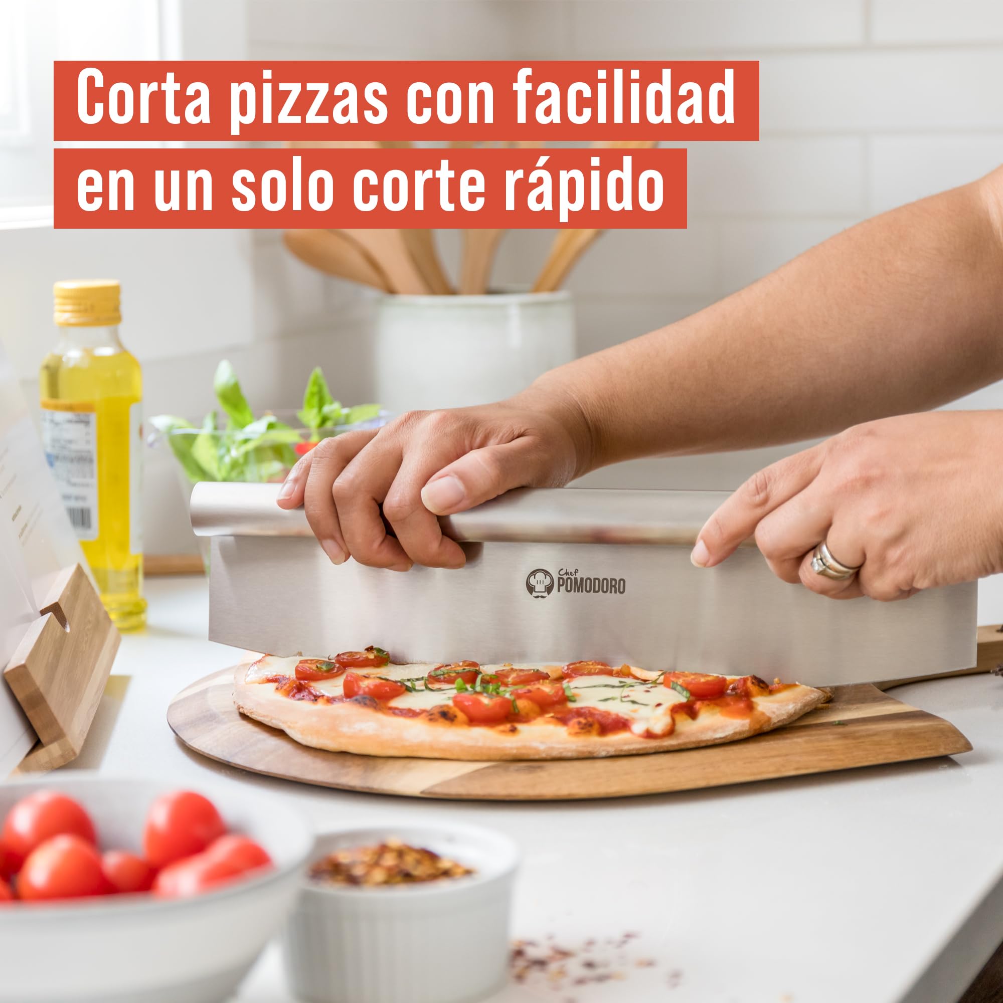 Chef Pomodoro Cuchillo Cortapizzas con Funda Protectora - Cortador Pizza Mezzaluna Multiusos de 35 cm con Cuchilla Súper Afilada de Acero Inoxidable - Cuchillo Media Luna Apto para Lavavajillas