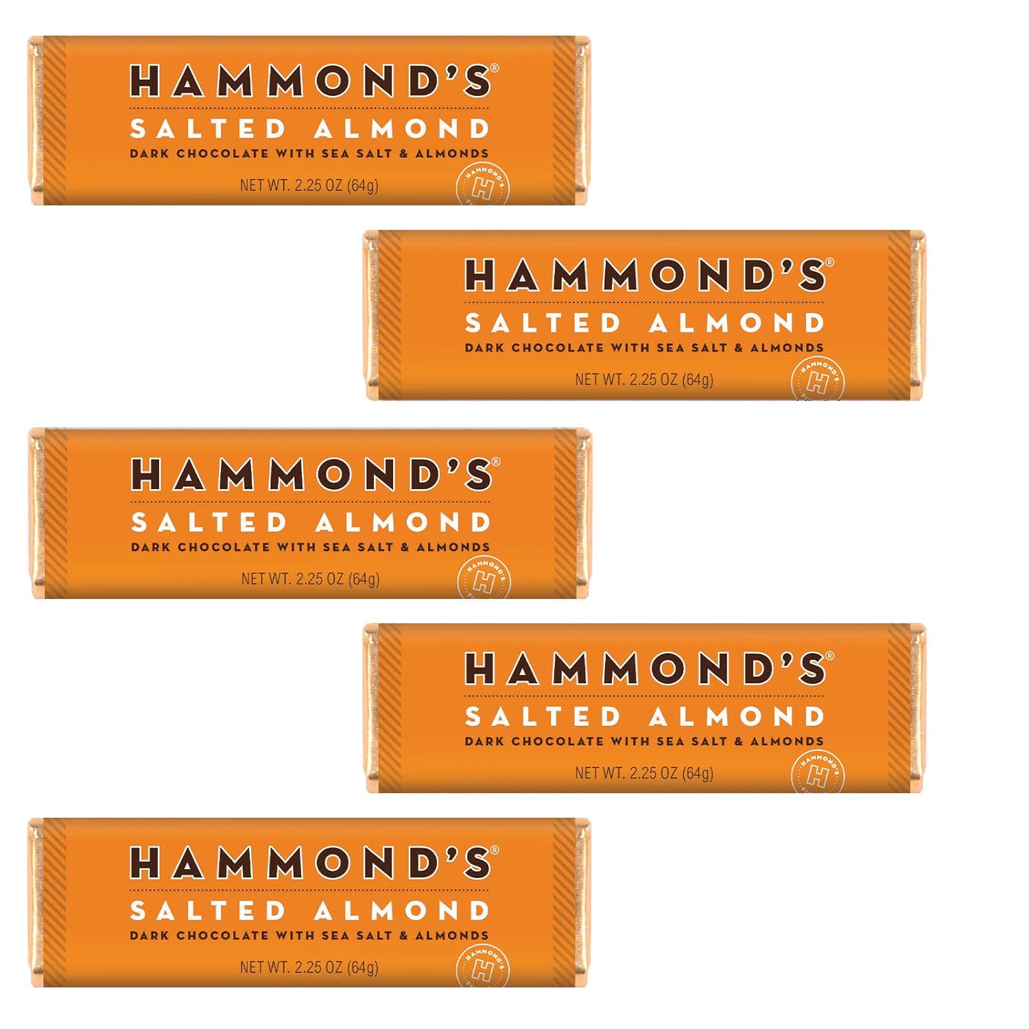 Hammond's Candies Gourmet Chocolate Candy Bars – Salted Almond | Rich Dark Chocolate, Sea Salt & Almond Chocolate Bar, Sweet and Salty, Certified Kosher, Handcrafted in the USA | Pack of 5
