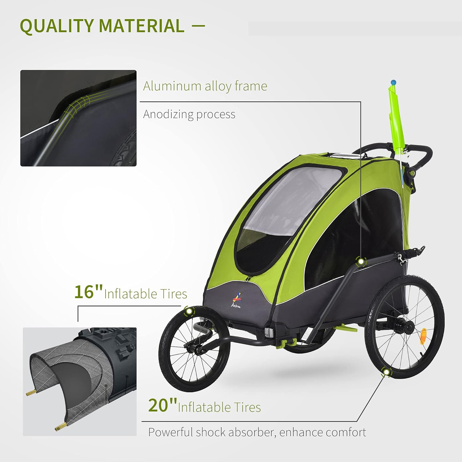 Aosom Child Bike Trailer 3 In1 Foldable Jogger Stroller Baby Stroller Transport Carrier with Shock Absorber System Rubber Tires Adjustable Handlebar Kid Bicycle Trailer Green and Grey Image