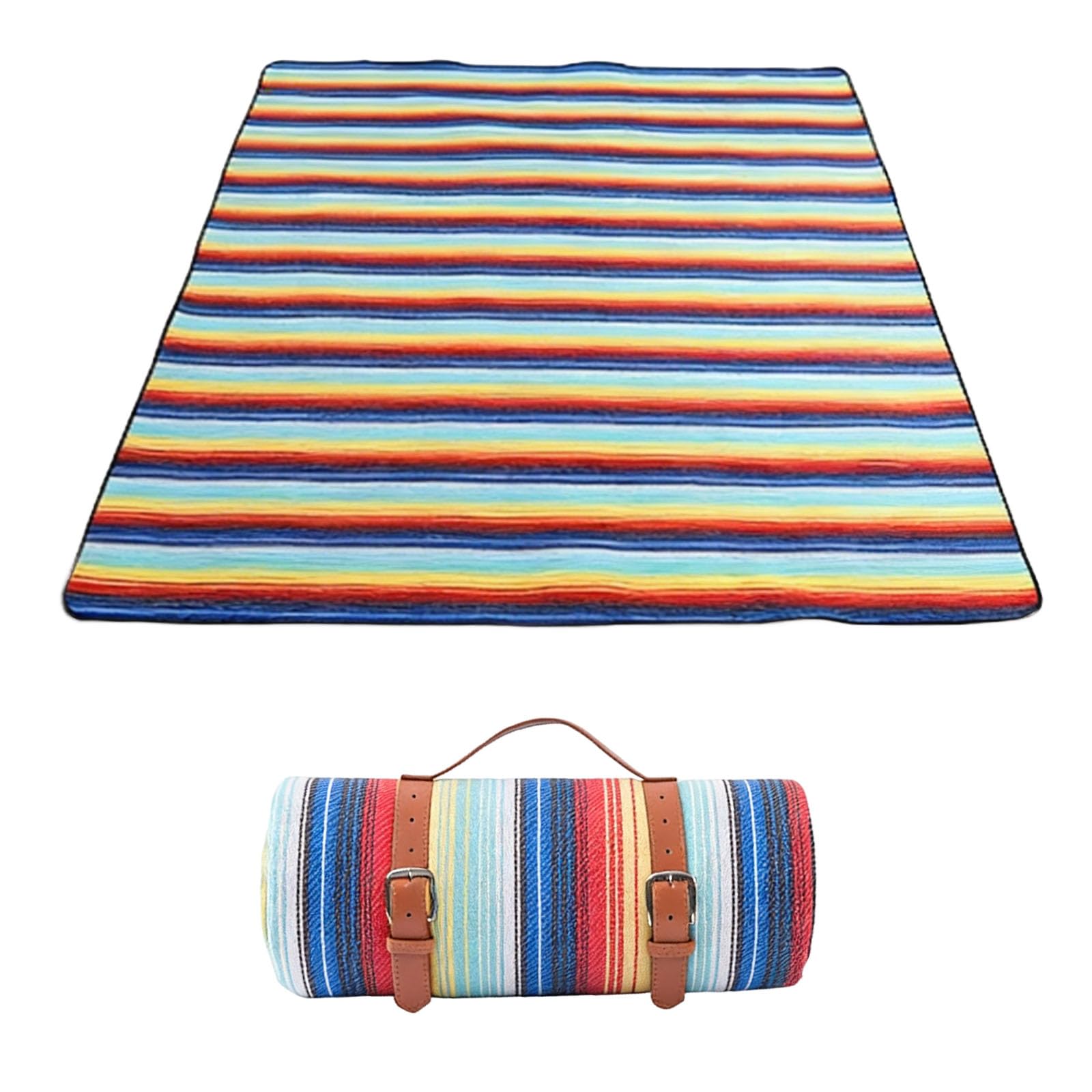 Picknickdecke mit Regenbogenstreifen, 150 x 200 cm, wasserdichte Picknickdecke mit Lederträgern, große tragbare Decke für Outdoor, Strandmatte und Campingmatte, bequem für mehrere Personen