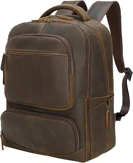 Large Full Grain Leather 17.3" Laptop Backpack Bag for Men Vintage Brown Business Travel Work Casual Daypack Rucksack