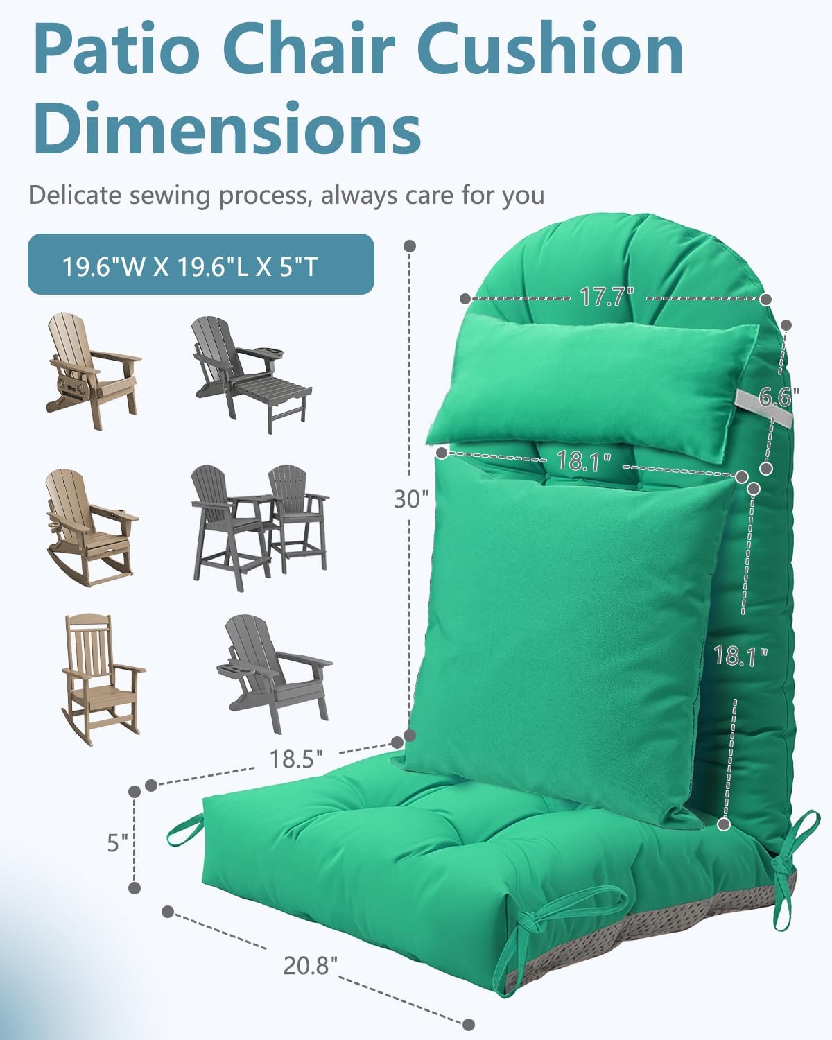 NAVINE Adirondack Chair Cushion with Head Resting Pillow& Backrest Pillow Set of 2, Thickened High Back Patio Cushions with Ties and Non-Slip Bottom, Patio Chair Cushion for Indoor and Outdoor, Green