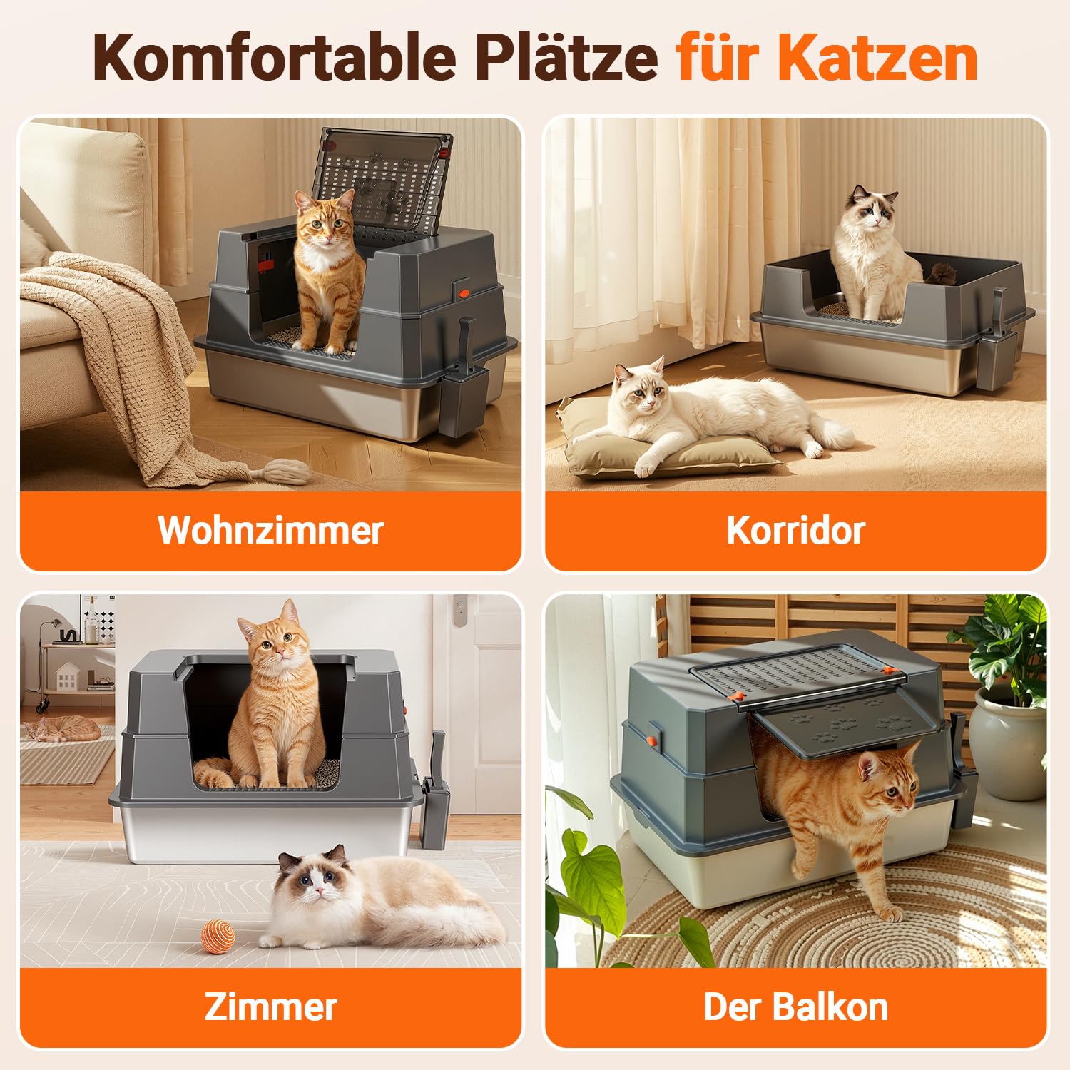 Edelstahl Katzenklo XXXL mit Deckel, auslaufsichere geschlossene Katzentoilette mit hohem Rand, für große Katzen, 70 x 50 x 43 cm, geruchsresistent, leicht zu reinigen, mit Pedal und Schaufel
