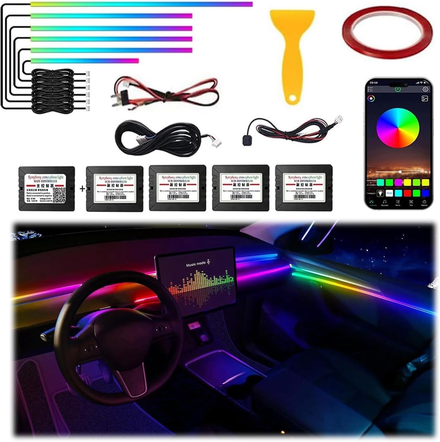 Acrylic Interior Car LED Strip Light, Dreamcolor 6-in-1 RGB Ambient Lighting with APP, 16 Million Colors 175in 600LED Music Sync Lights for Night Driving, Home, Camping & Gift Decor