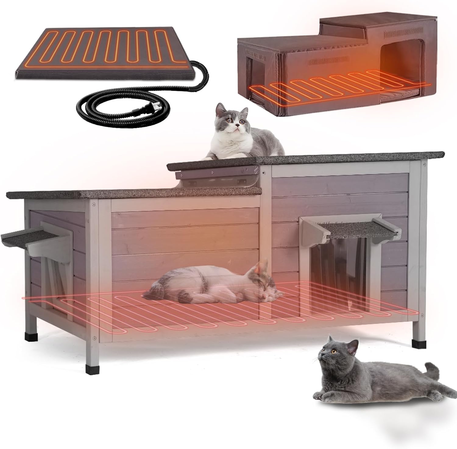GUTINNEEN Heated Cat House Outdoor Cat House Insulated Large Weatherproof Feral Cat Shelter with Heated Pad, Insulated All-Round Thermal Liner, Chewproof Cable for 1-4 Cats (Winter-Ready)