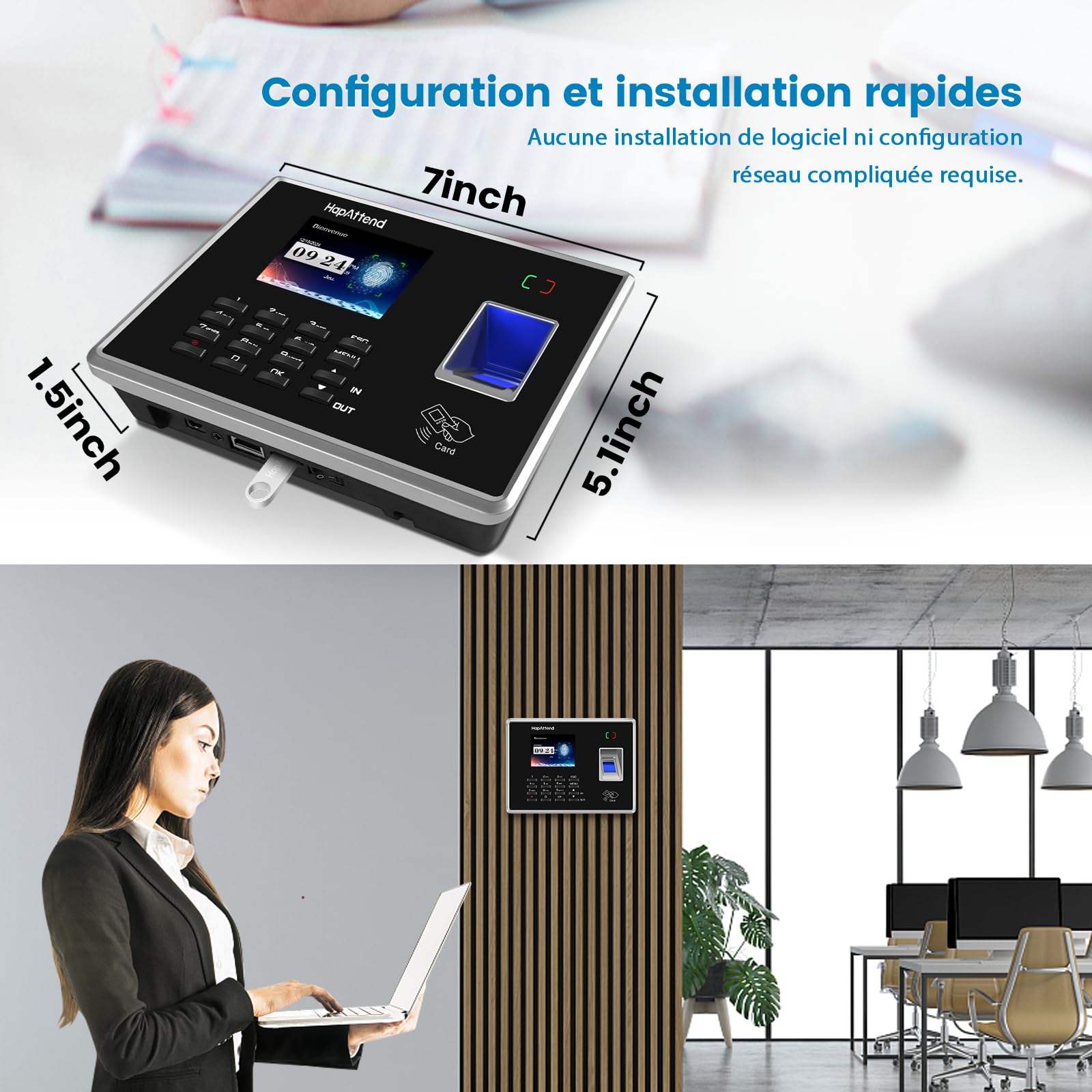 Pointeuse horaire Personnel, Francais pointeuse biométrique à Empreinte Digitale avec Badge RFID Carte, Entreprise badgeuse pour Les employés des Petites Entreprises jusquà 3000 utilisateurs (H2)