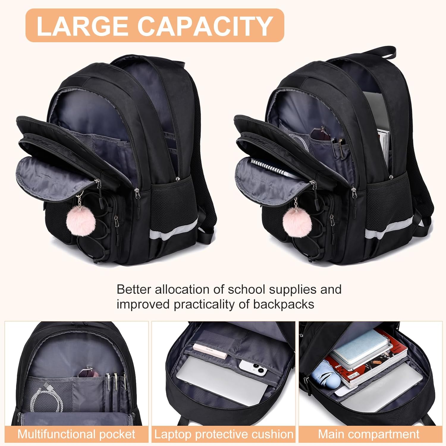 School Backpack for Teen Girls, Cute College Back Pack for Women, Kids Backpack for Girls, Middle Students School BookBag, 15.6 Inch Laptop Bag Travel Back Pack, Black - Image 2