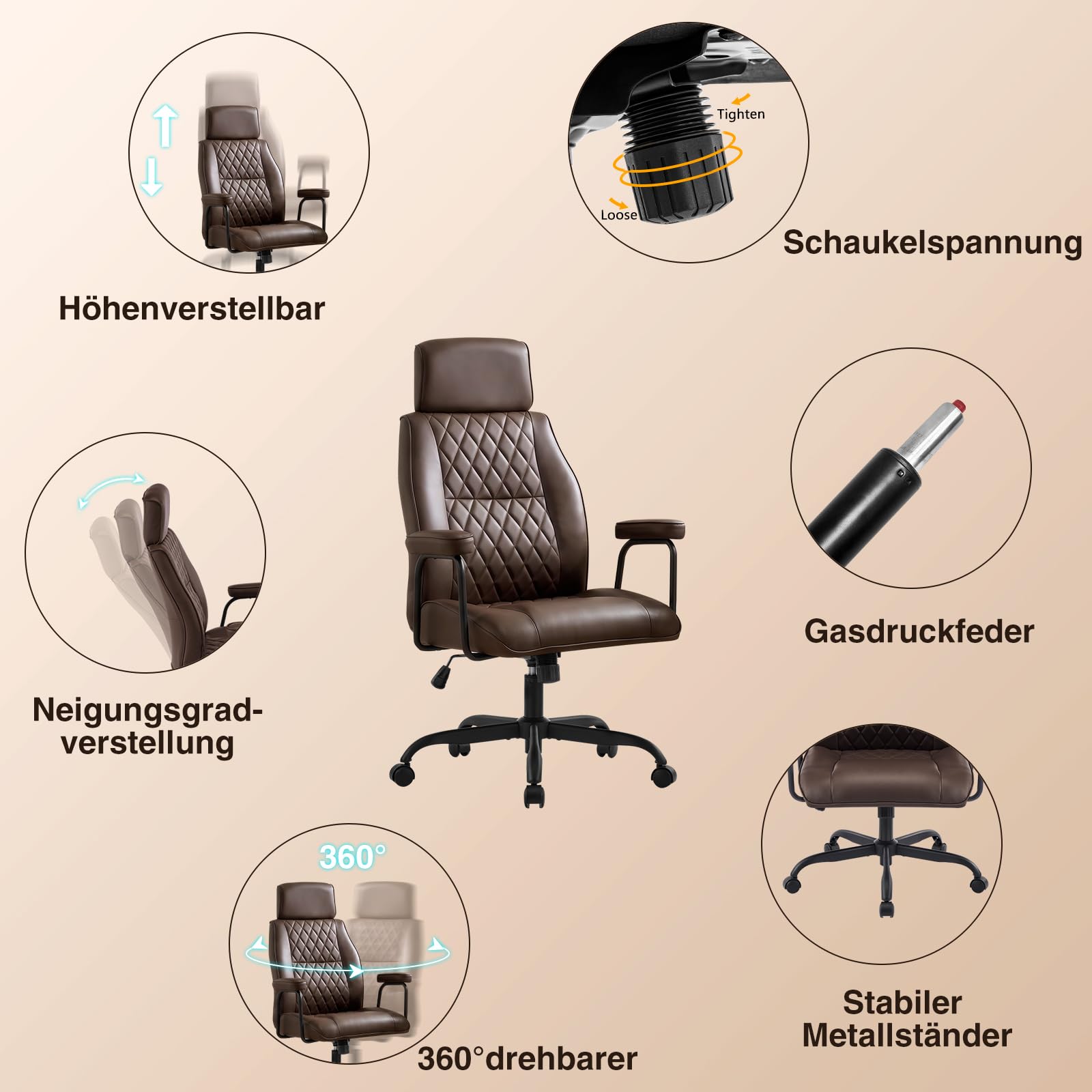 Bürostuhl Ergonomisch, Schreibtischstuhl mit Verstellbarer Kopfstütze, PU Leder Chefsessel mit Gepolsterter Armlehnen und Höhenverstellbar, Neigefunktion, Drehstuhl, Dunkelbraun