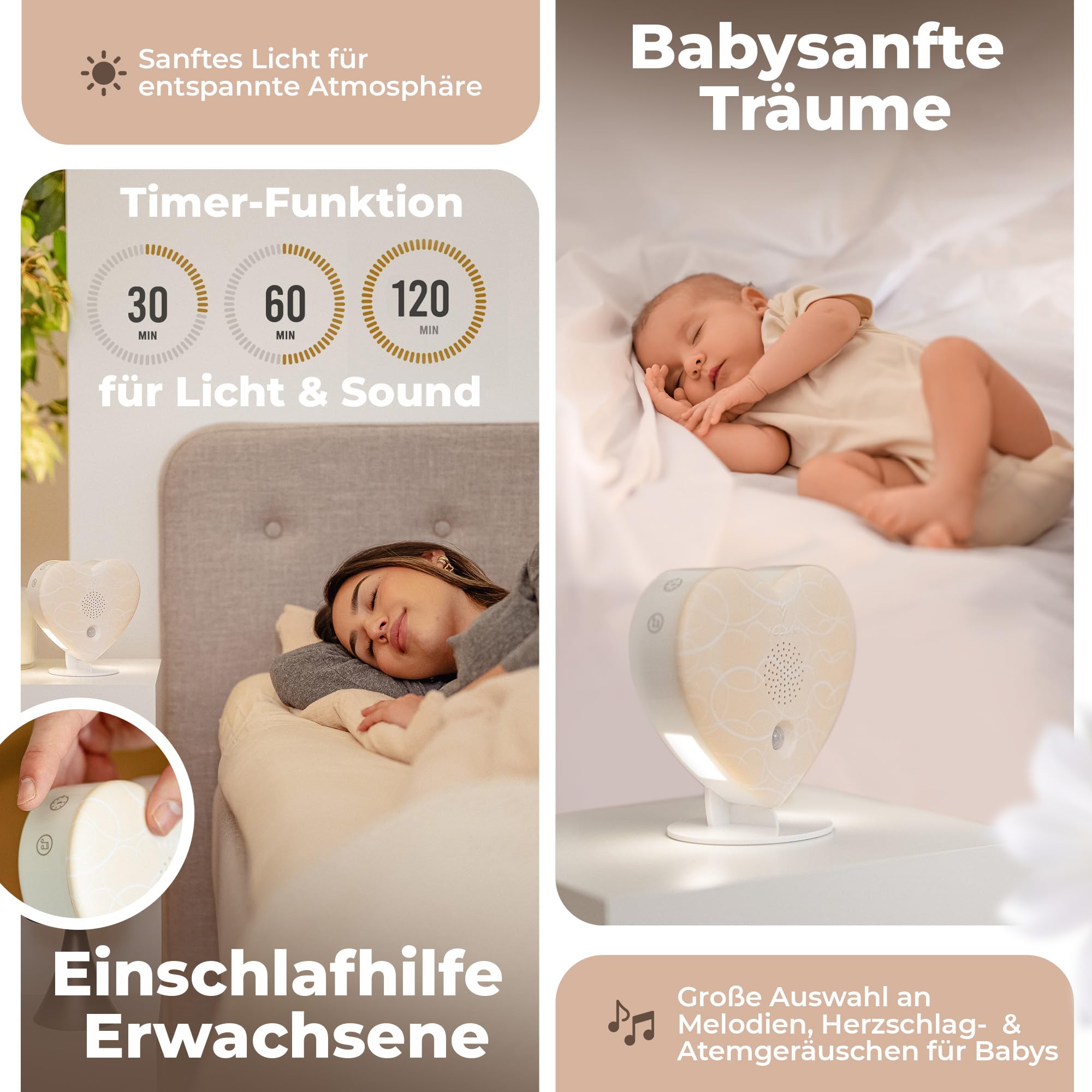 Zwitscher Naturgeräusche Box mit Bewegungsmelder - 18 brillante Klänge, Timer 2–120 Min. für Entspannung im Gäste WC, Vogelgezwitscher Box – VELANI Prestige (Pastell-Cremeweiß, Herz)