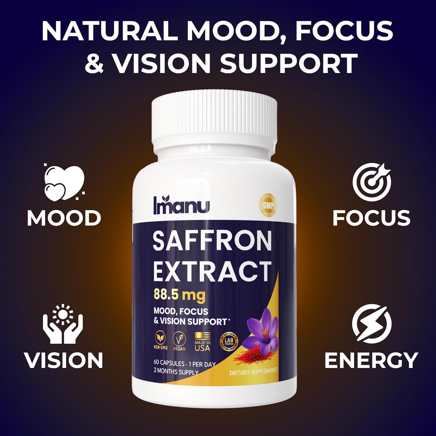 Imanu Saffron Supplement, Pure Saffron Extract 88.5mg for Mood, Focus & Eye Support, Vegan, Non-GMO Saffron Pills, Premium Saffron Dietary Supplement, 60 Veggie Capsules (2 Month Supply) - Image 2