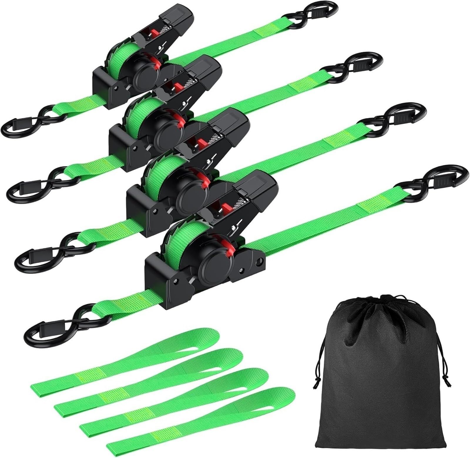 cinchas de Amarre Correas de Amarre con trinquete retráctiles (Paquete 4): Longitud 3,5 m, Resistencia a la Rotura 640 kg, Mecanismo retracción automática, Ganchos en S