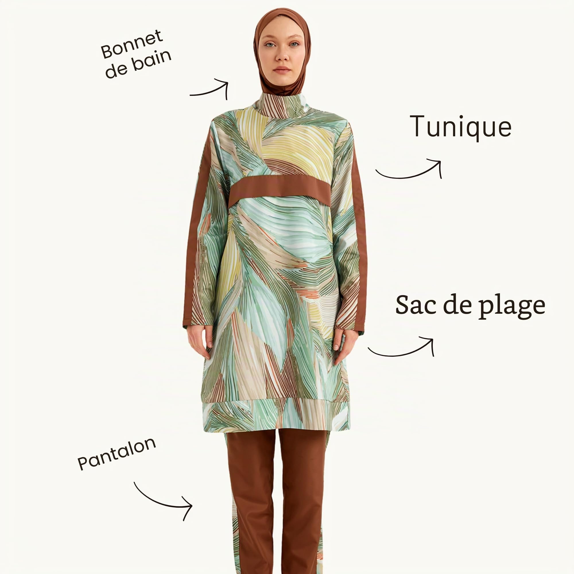 Ensemble burkini 4 pièces pour femme - Tunique, leggings, bonnet et sac de plage - Séchage rapide et imperméable - Mode tendance