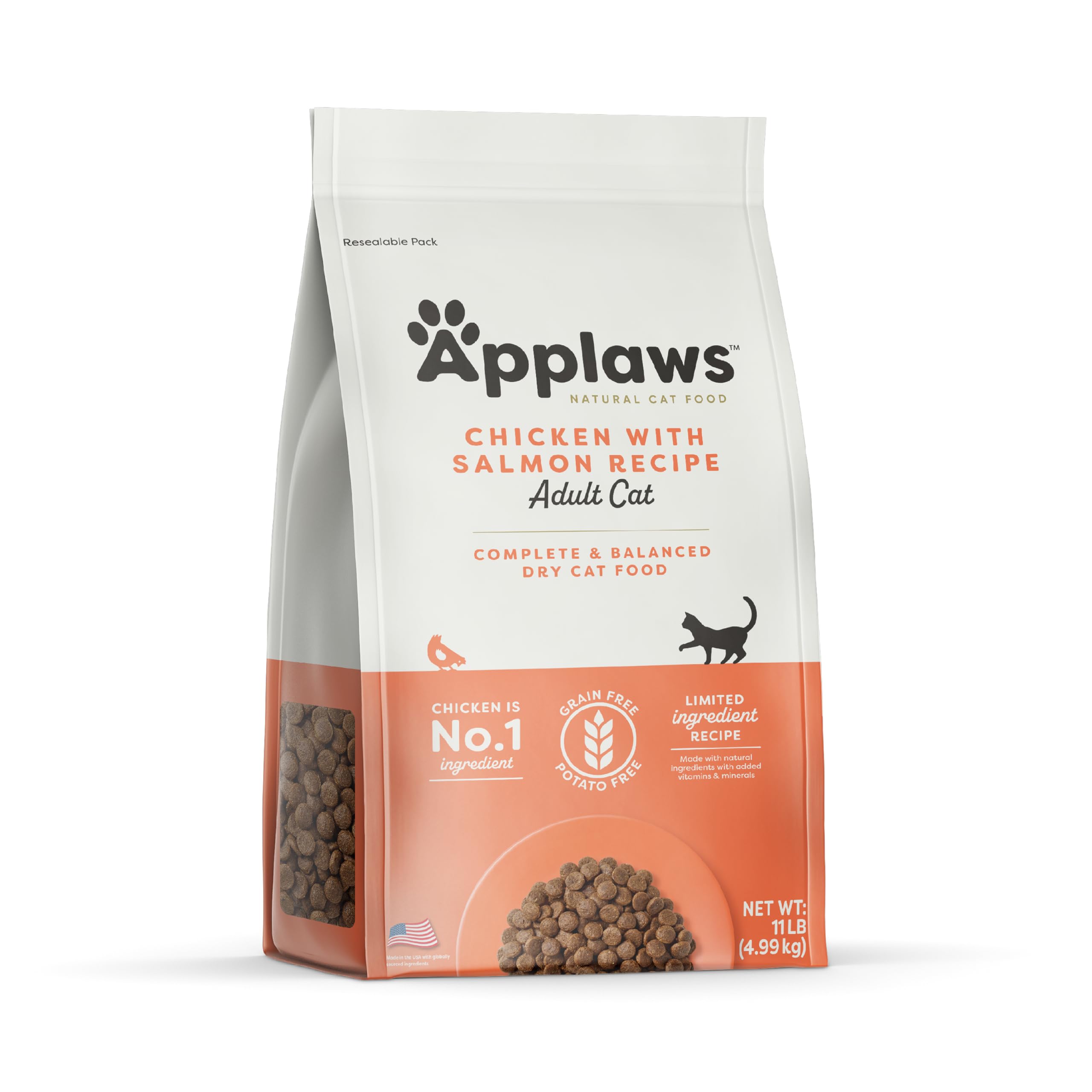 Applaws Complete Dry Cat Food, Grain-Free, Limited Ingredient with Added Vitamins & Minerals, Protein, Supports Digestion, Chicken & Salmon (11 Pound Bag)