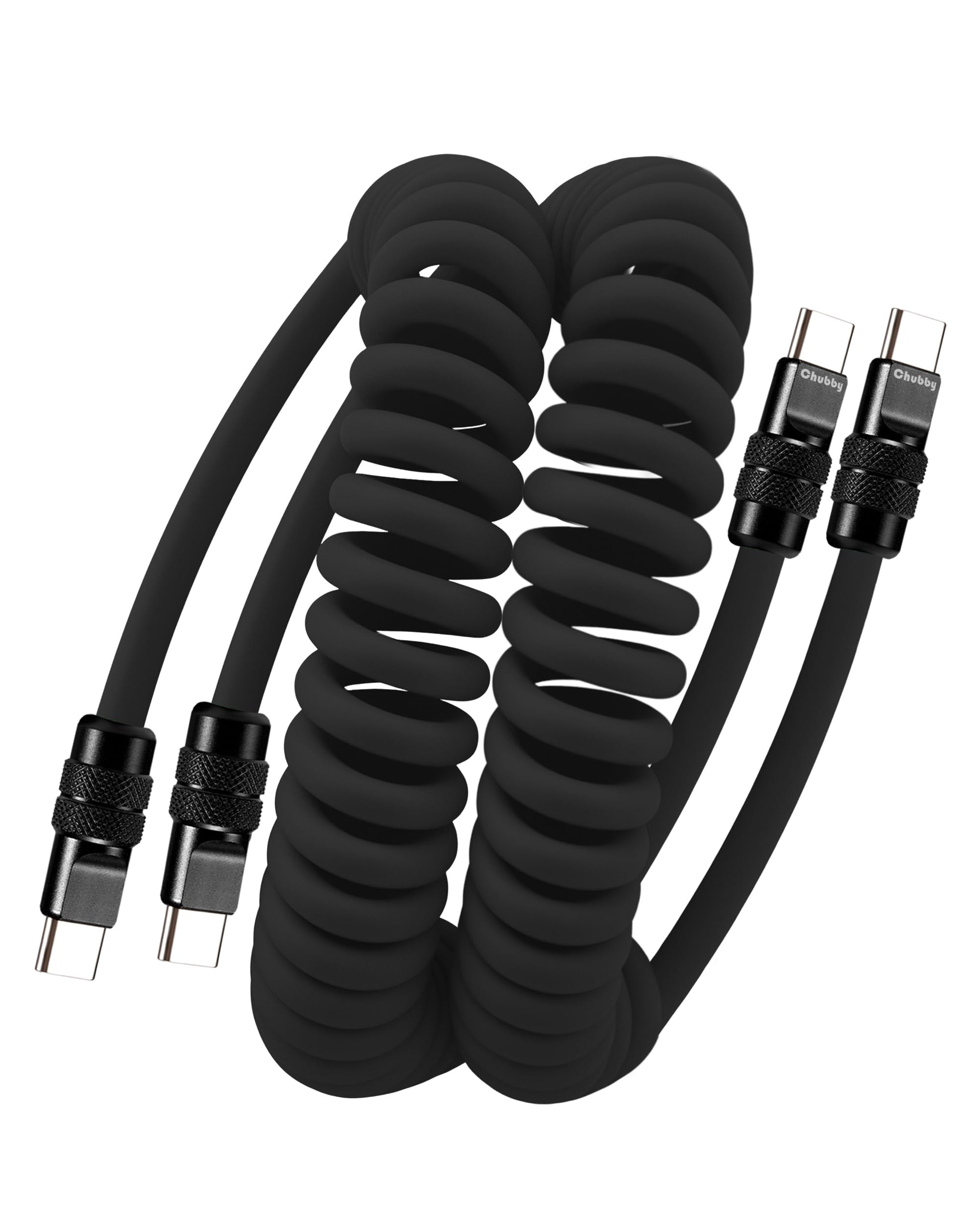 chubbycable Curly Chubby - Cavo USB C a spirale in silicone da 240 W, confezione da 2 [240H Sag-Free] Cavo di ricarica rapida a spirale per auto, cavo di ricarica retrattile per Android Auto e CarPlay