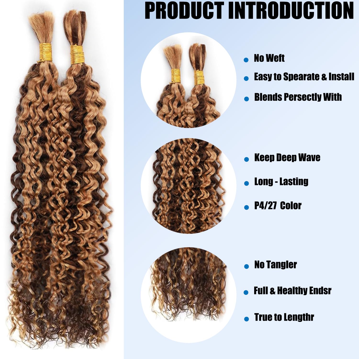 P4/27 Honey Blonde Human Braiding Hair 24 Inch 100g 2 Bundles/Pack Bulk Deep Wave No Weft Human Hair for Boho Box Braids Extensions