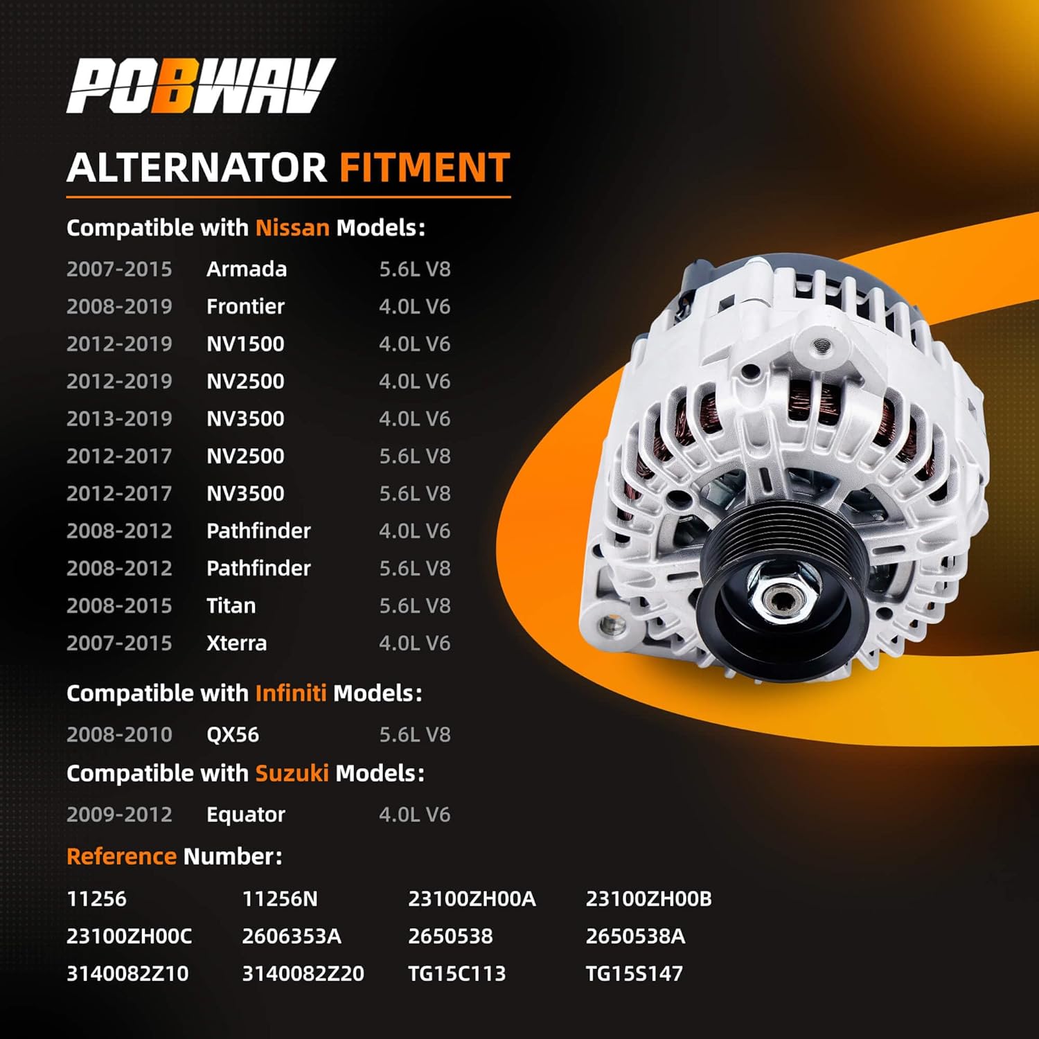 11256N 23100-ZH00A NEW Alternator Compatible with Nissan Frontier 2008-2019, Armada 2007-2015,Pathfinder 2008-2012, Titan 2008-2015, Xterra & Infiniti QX56 Replace#23100-ZH00B 11256