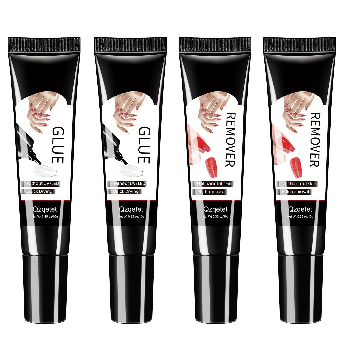 New Upgraded Quick-Drying 2 * 10g Semi-Solid Nail Glue with 2 * 10ml Nail Polish Remover, Suitable for Press-on Nails, No UV Lamp Required, Long-Lasting Fake Acrylic Nail Set Glue Gel