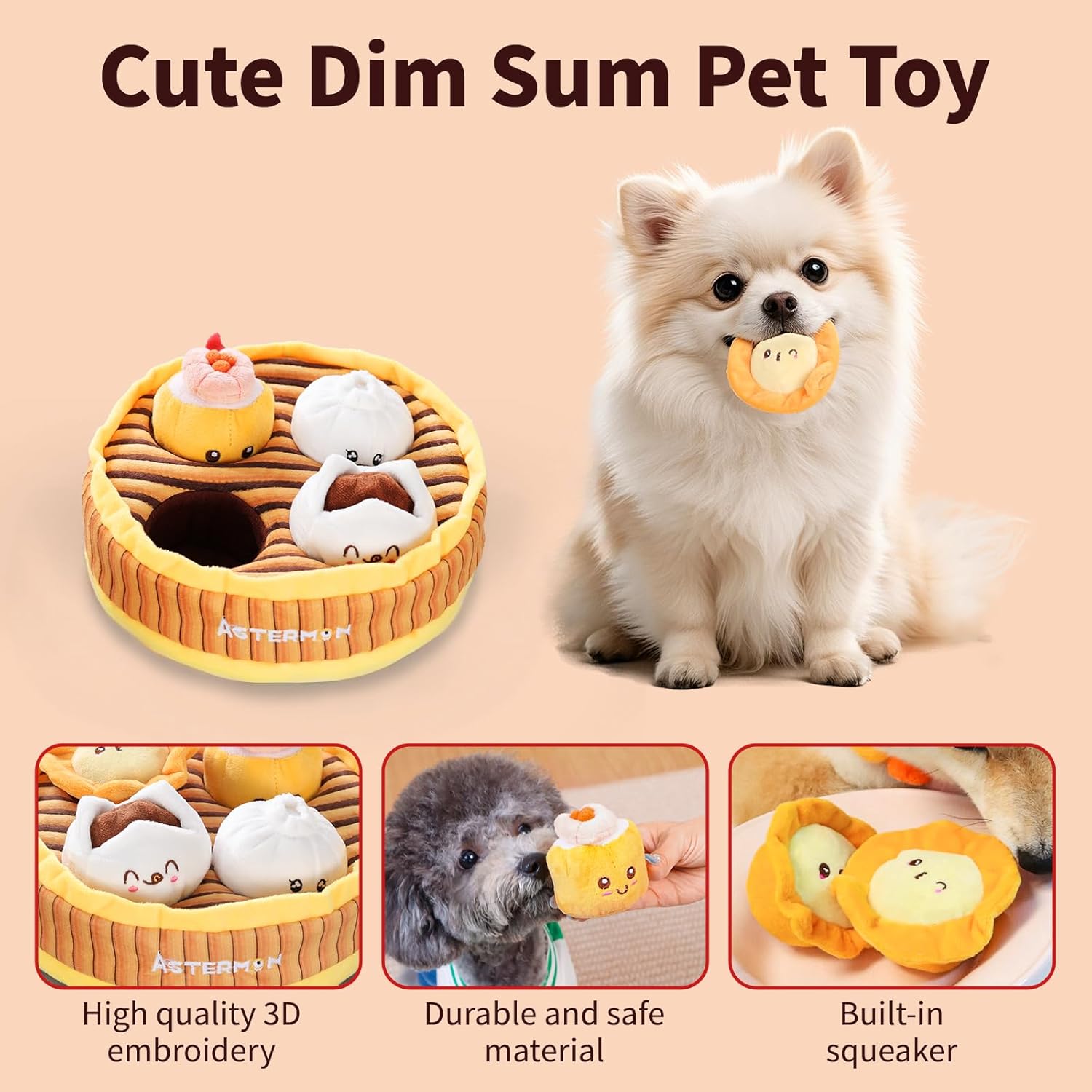 Cute Plush Dog Toys - Dim Sum Steamer Basket Themed Durable Squeaker Chew Toys Set (4 Dumplings) - Hide Treats Puzzle Dog Toy for Small Medium Size Dogs (4 Dim Sum)