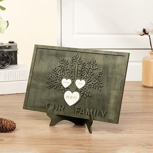 Vista 160 de Árbol genealógico con etiqueta de corazón, placas de madera grabadas personalizadas, regalos personalizados para madres, padres, escritorio, nombres