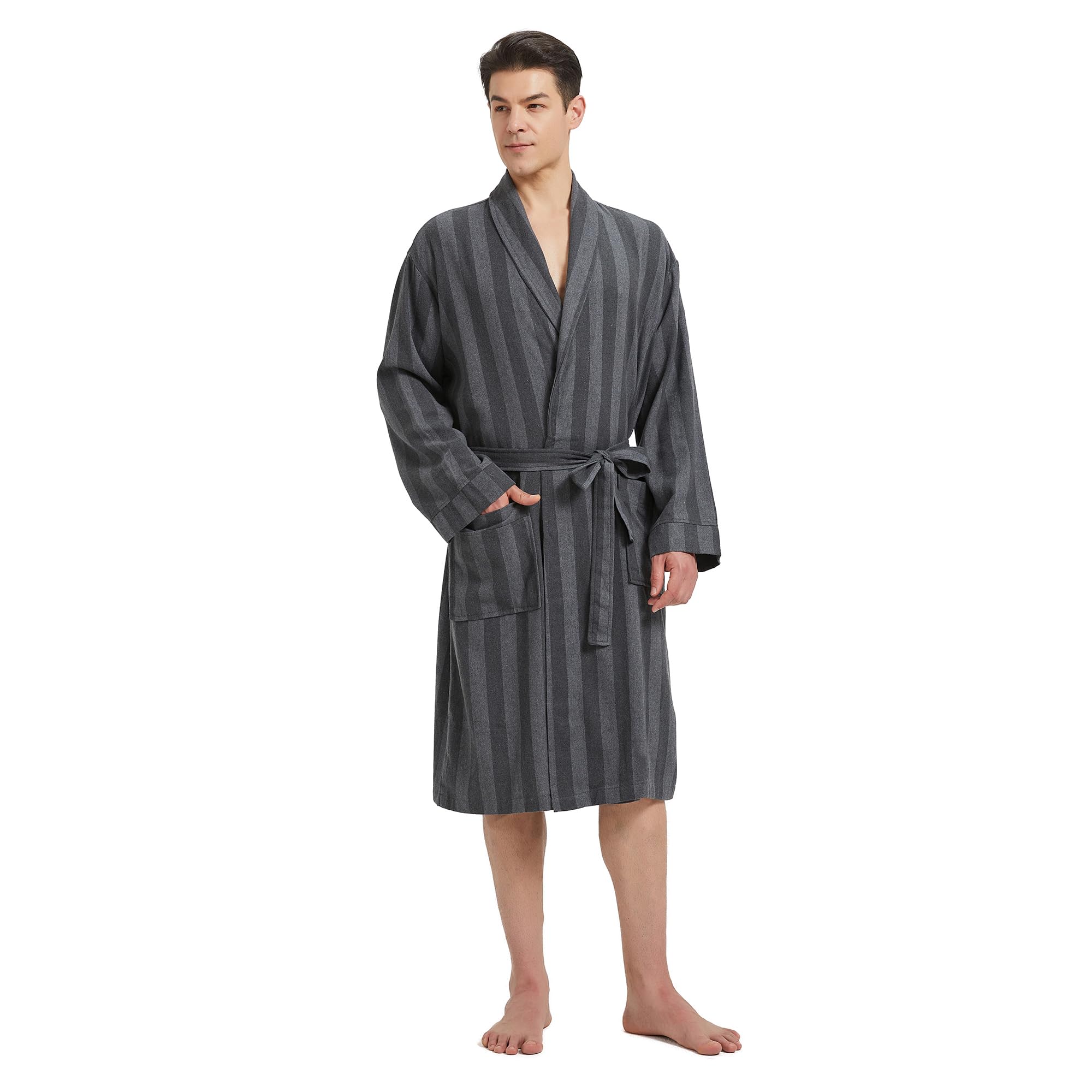 FashGudim Heren Buffalo Plaid Katoenen Gewaad Lichtgewicht Badjas Sjaal Kraag Kimono Nachtkleding Loungewear Huisgewaden, Zwart & Blauw, Small-Medium