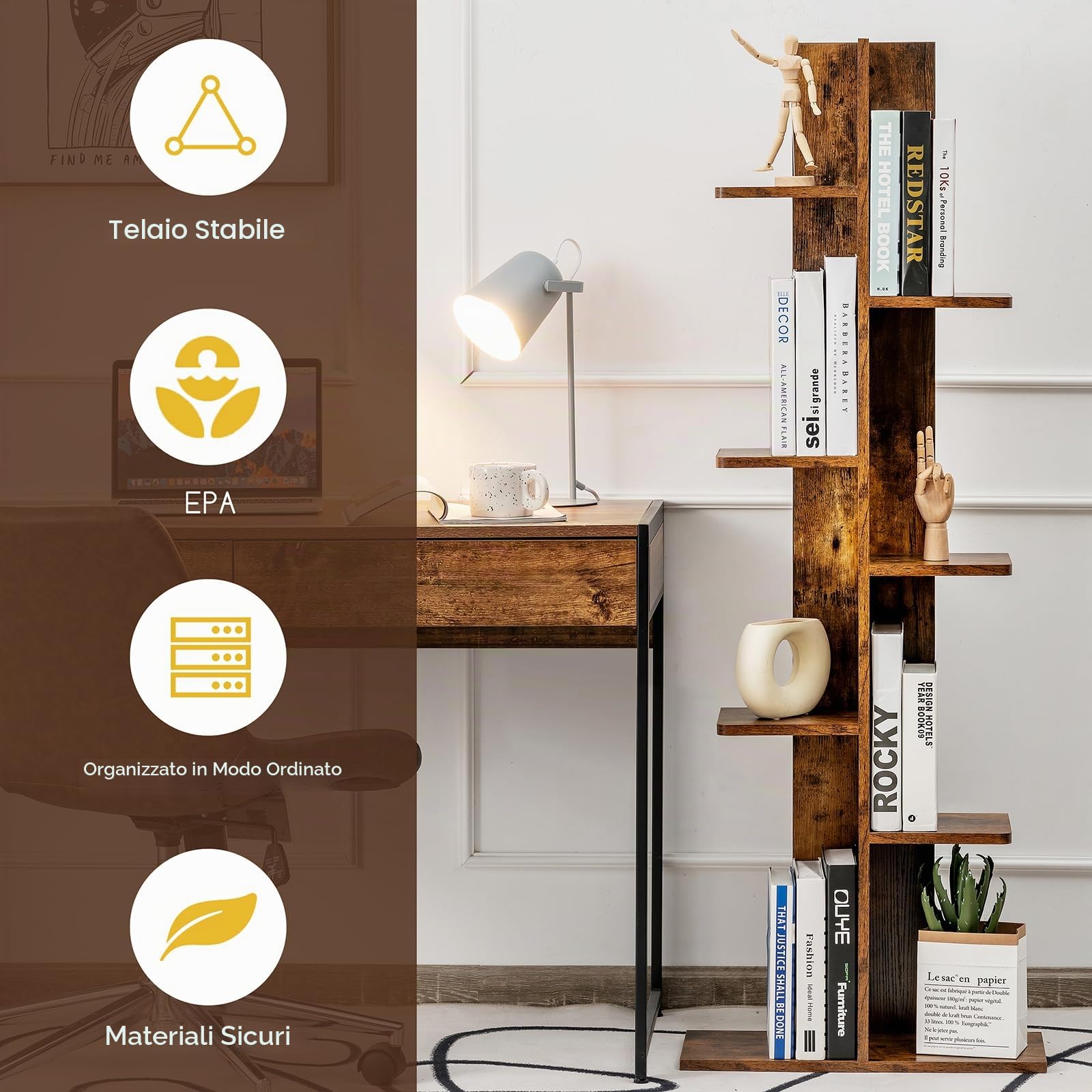 HOMASIS Libreria Verticale a Colonna da Terra a 7 Livelli, Libreria ad Albero in Legno, Angoliera Libreria Scaffale per Salotto, Soggiorno, Ufficio, Portata di 40 kg, 50 x 20 x 141 cm (Marrone)
