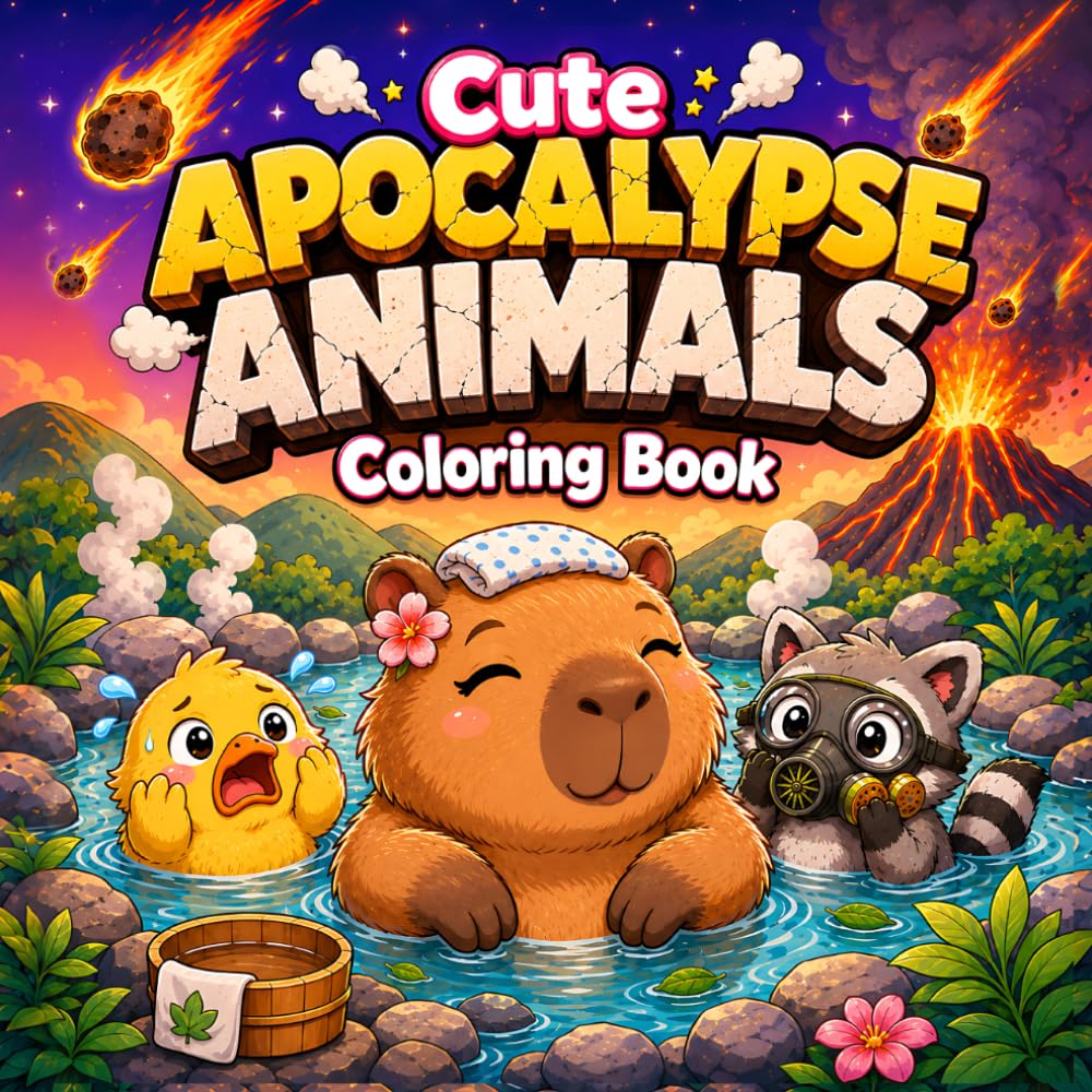 Cute Apocalypse Animals Coloring Book: 50+ Funny Kawaii Coloring Pages for Kids Ages 6-12 with Adorable Pets, Wild Critters, Meteors, Volcanoes, Robots, UFOs, Zombies, Floods & Cozy Chaos