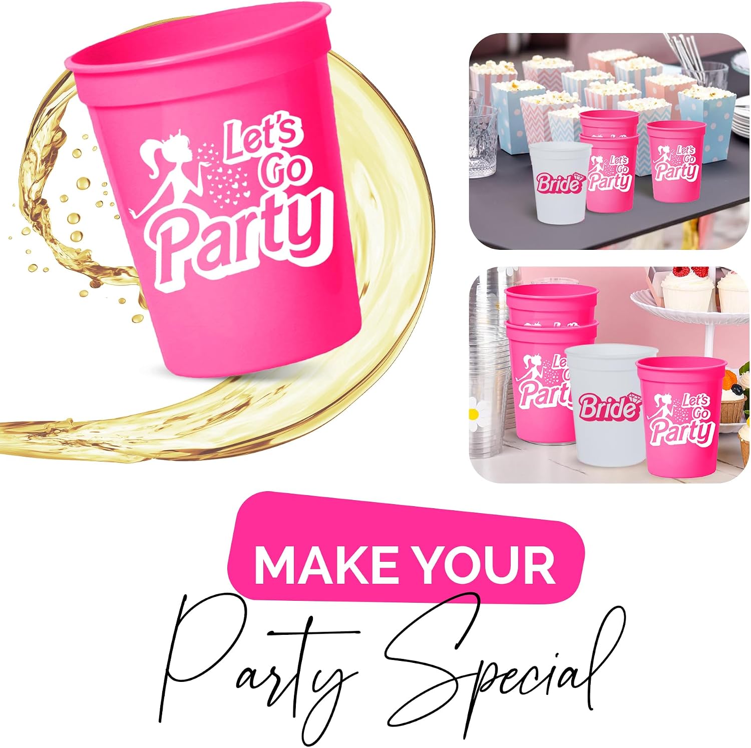 Let's Go Party Bachelorette Cups, Set of 12-16oz Pink Reusable Cups with 1 Bride Cup and 11 Party Cups for Girls' Night or Weekend