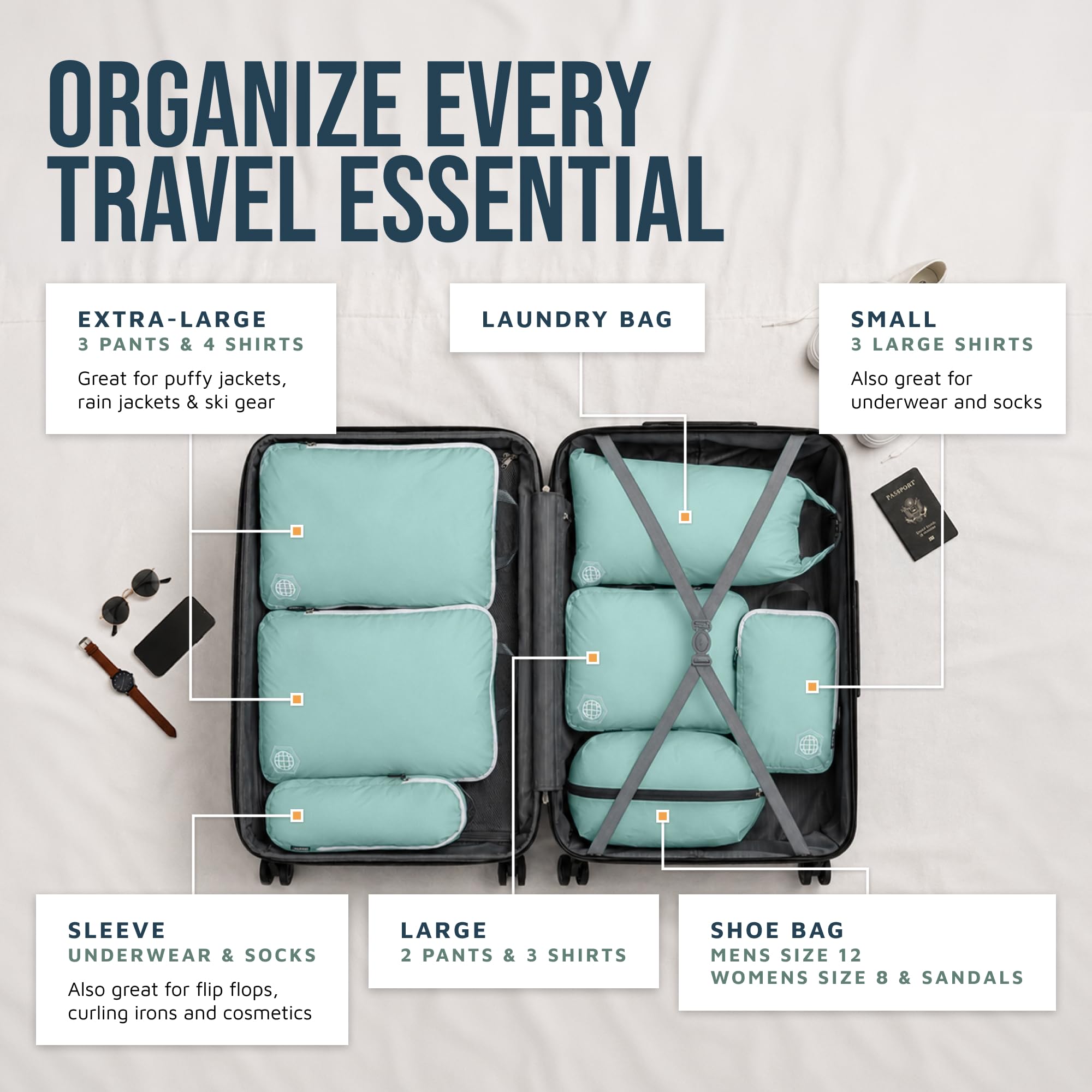 TRIPPED Travel Gear - Set di 7 cubi da imballaggio grandi per bagagli a compressione, ultra leggeri, espandibili, sacchetti a compressione per vestiti di TRIPPED Travel Gear (DustyTeal/bianco)