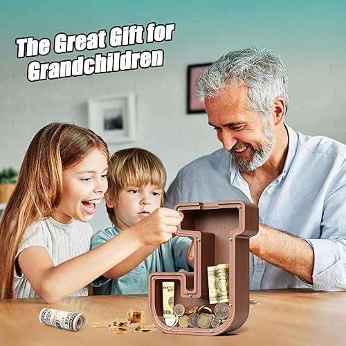 Miniatura 354 de SummiDate Alcancía de madera con nombre, niños y niñas, tamaño grande, letras alfabeto A-Z, monedas y billetes, inicial en cubierta transparente