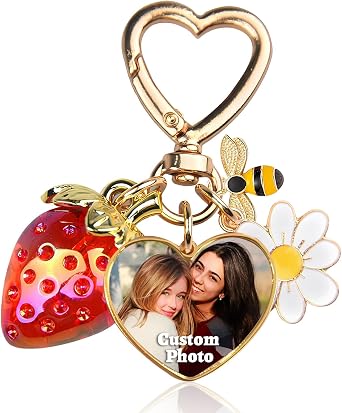 Personalized Strawberry Bag Charms with Customize Photo Custom Strawberry Keychain Cute Purse Bags Charm for Women