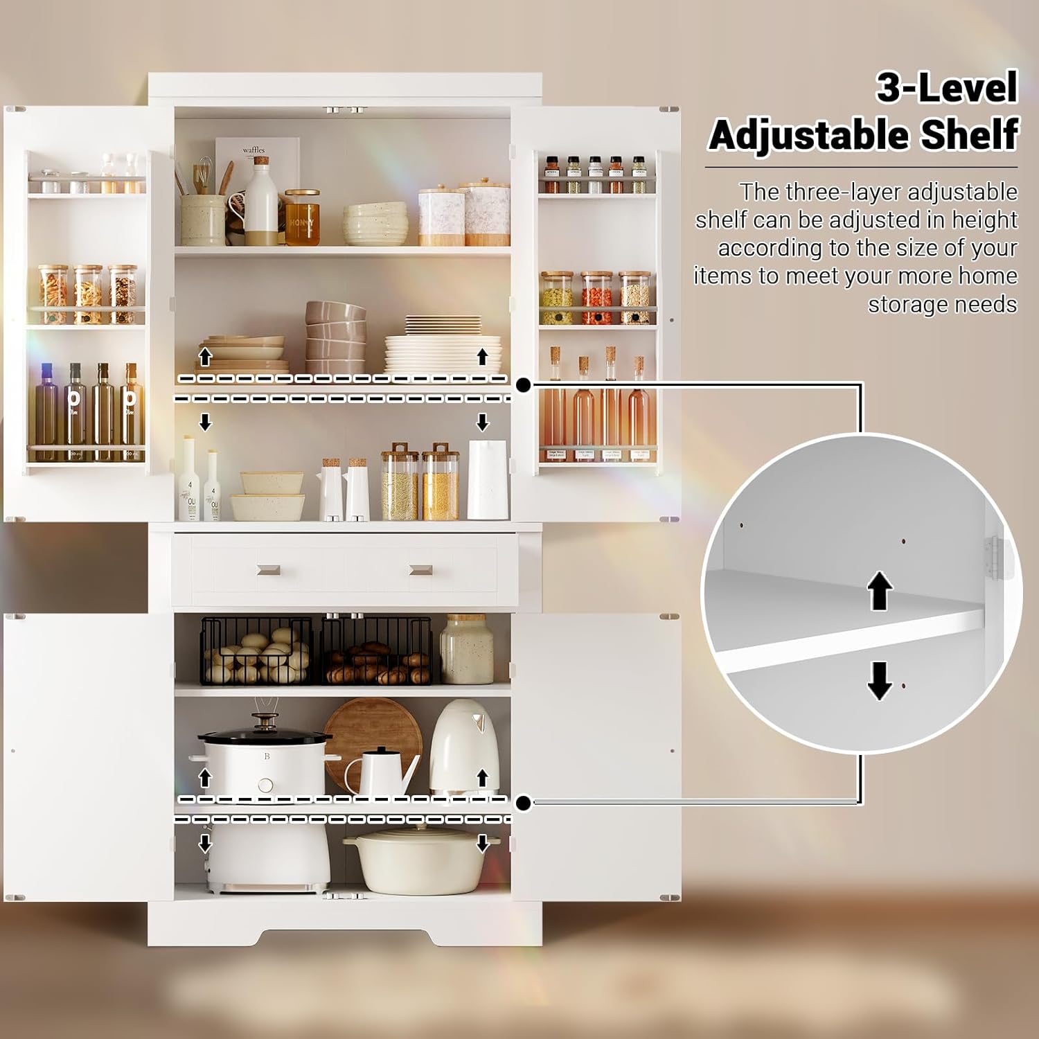 72" Kitchen Pantry Cabinet, Kitchen Pantry with 6 Door Shelves, 2 Cabinets and 1 Drawer, Tall Storage Cabinet for Living Room, Dining Room, White