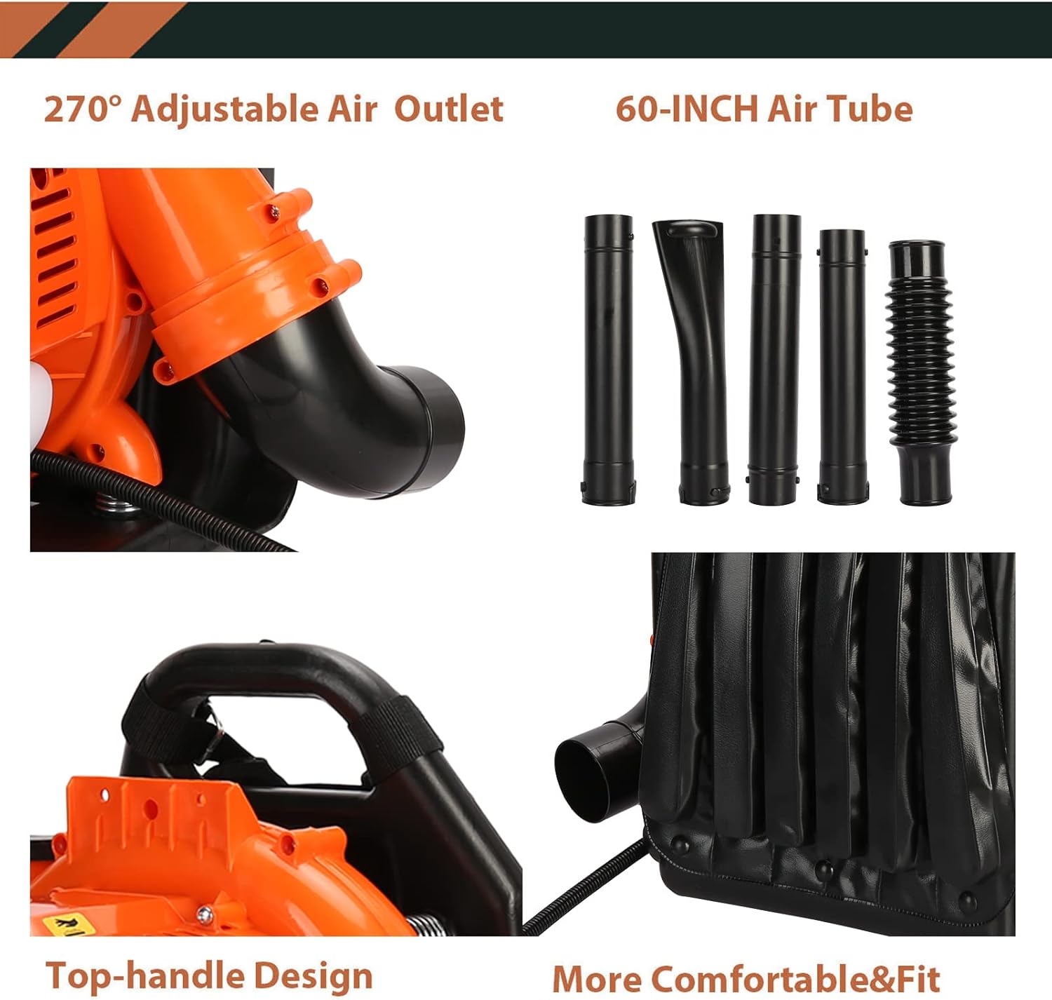 52CC Backpack Leaf Blower, 2 Stroke Engine Powerful Snow Blower with Strong Wind Force & ABS Material, Portable Outdoor Maintenance Blower for Garden & Yard Cleaning Orange