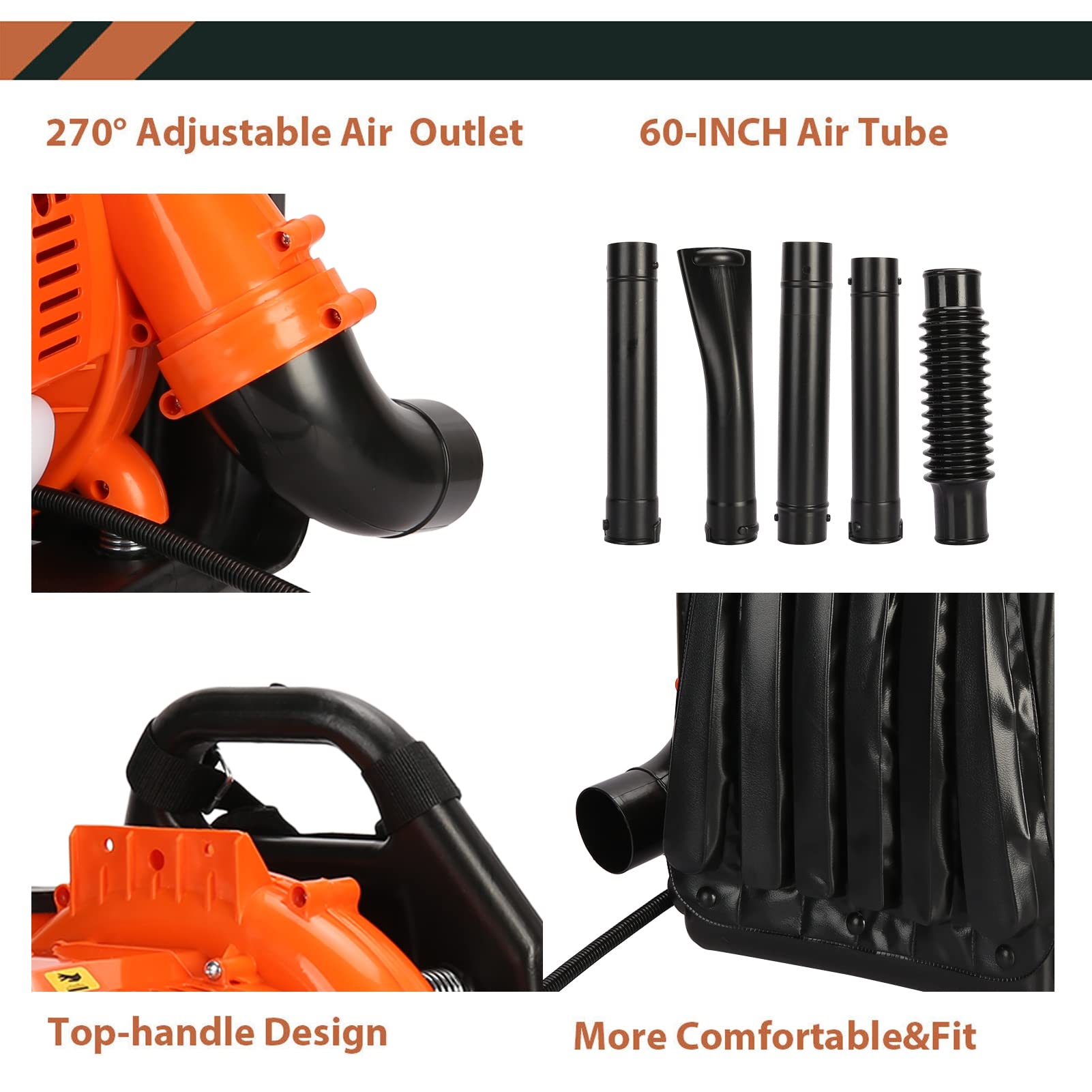 52 cm³ Benzin-Laubbläser Rucksack, 2-Takt Rückenlaubbläser mit 550 CFM Luftstrom, 1,2 l Tank, verstellbarem Blasrohr und Tragegurten, für Garten, Hof, Einfahrt und Laubentfernung Orange
