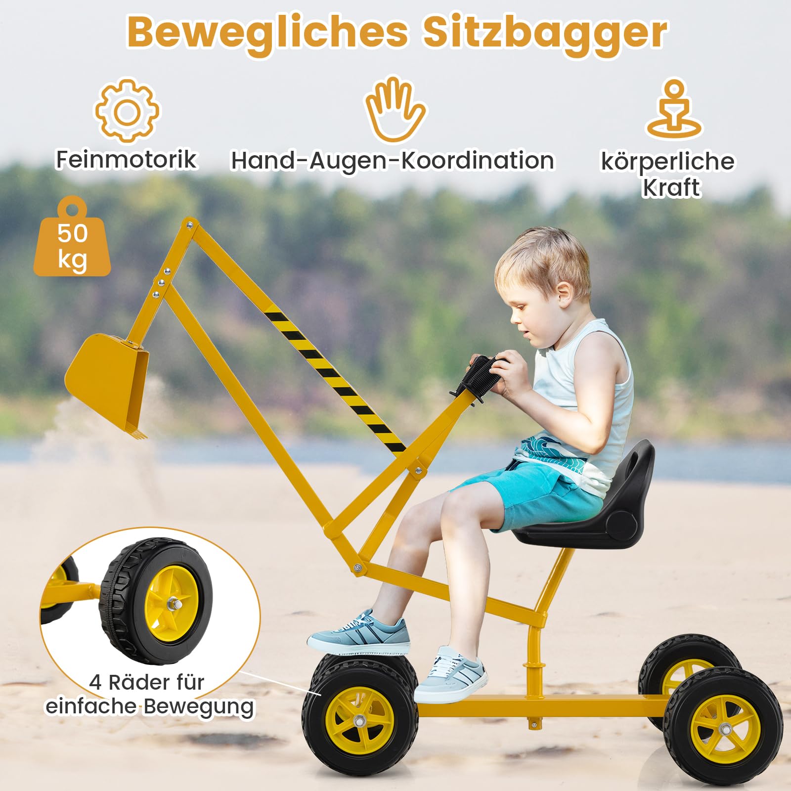 COSTWAY Sitzbagger 360° drehbar, Bagger zum Draufsitzen Metall mit Schaufel & Rädern, Bagger Sandkasten, Aufsitzbagger Sandbagger für Kinder ab 3 Jahren (Gelb)