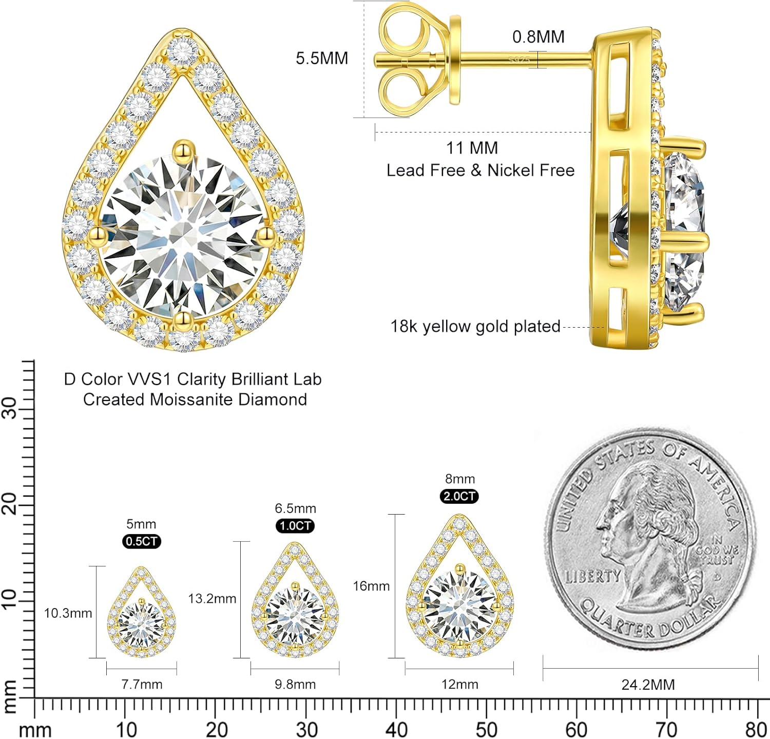 Moissanite Stud Earrings, 18K White/Yellow Gold Vermeil, 925 Sterling Silver 1.0-4.0ct D Color VVS1 Clarity, Lab Created Diamond Stud Friction Back Earring Jewelry Valentines Pendant for Women - Image 5