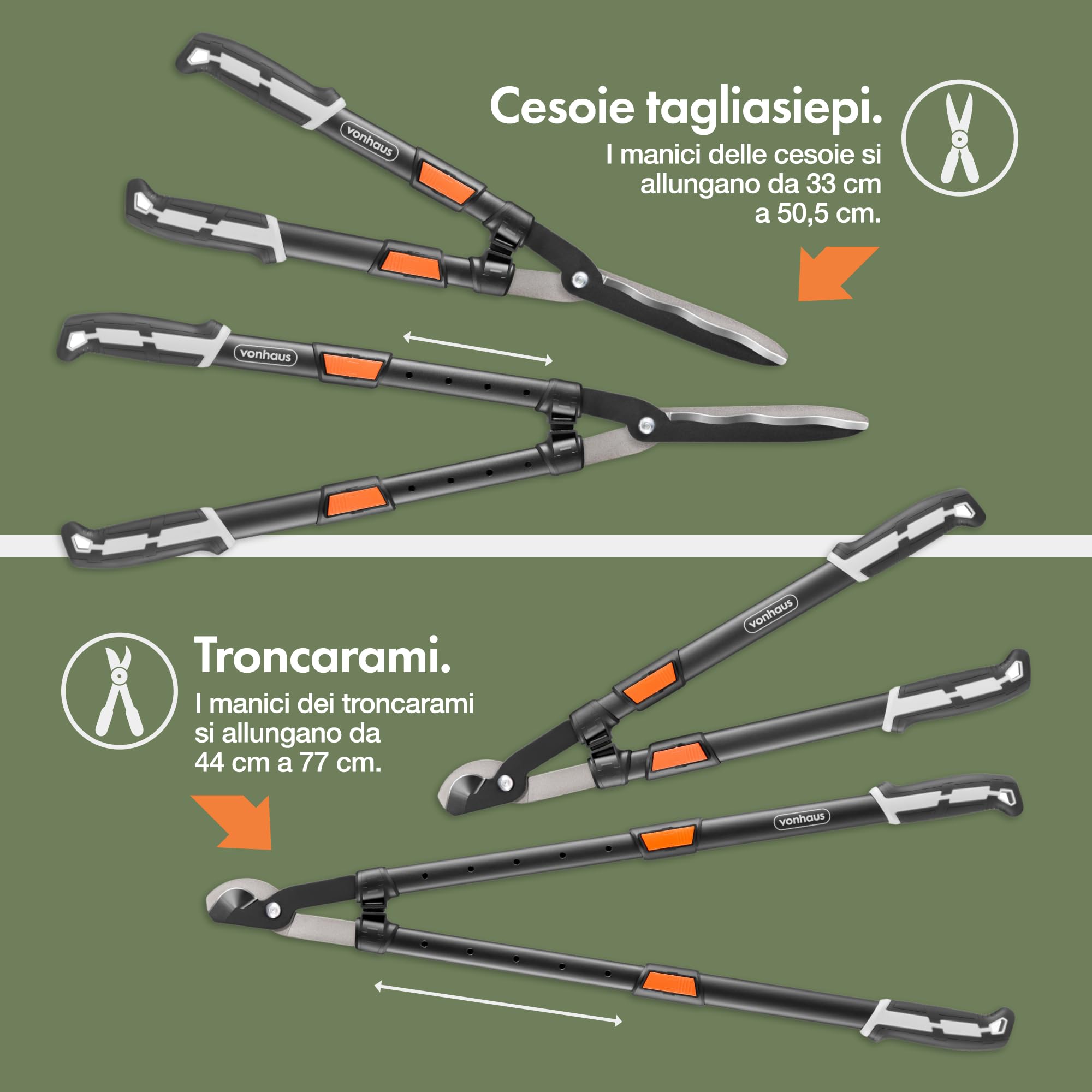 VonHaus Set Cesoie Potatura 3 Pz – Troncarami Telescopico, Cesoie per Siepi, Forbici da Potatura – Manici Telescopici Estensibili, Impugnatura Morbida, Leggeri - Attrezzi Giardinaggio